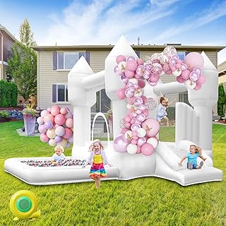 Castillo Hinchable Blanco con Soplador para Niños con Tobogán, Trampolín y Piscina de Bolas, Castillos Hinchables Interior Exterior Jardín Parque Fiesta Boda Cumpleaños Regalos, 320×280×210cm