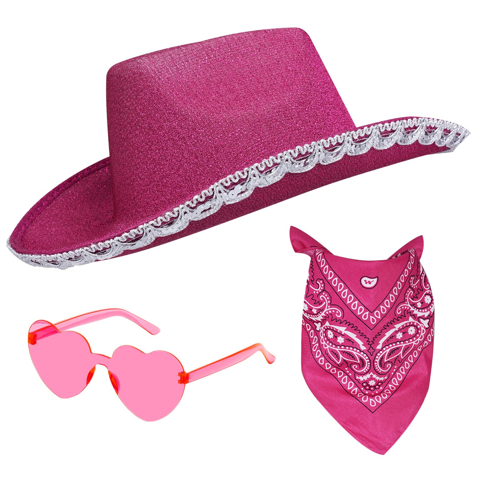 tiggell Cowboy Hat Costume Cowgirl Hat with Heart Shaped Sunglasses & Bandana for Western Cowboy Halloween Cosplay Dress Up (US, Alpha, One Size, Rose)
