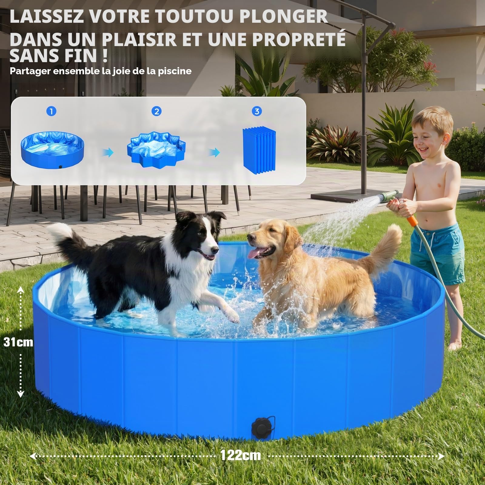 KingSom Piscine pour Chiens, Piscine Pliable Épaissi pour Grands et Petits Chiens, Baignoire Portable pour Chien, Piscine Enfant Antidérapant, Baignoire Extérieure Intérieure avec Bonde, 122 x 31 cm