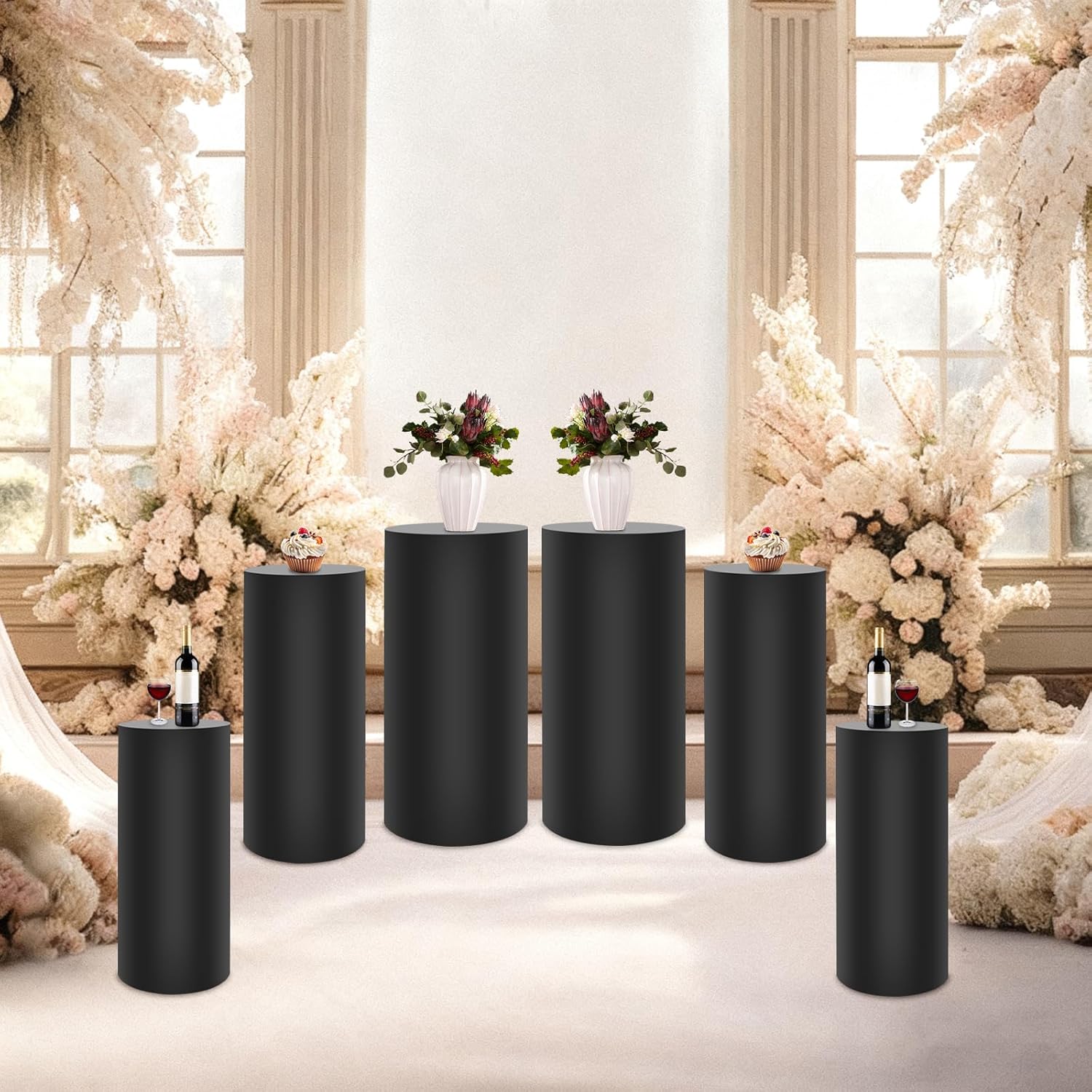 6 Pcs Cylinder Pedestal Stands, Black Cylinder Pedestal Display for Wedding Baby Shower Event Decor, Round Pedestals Stand for Parties, Pillars for Wedding Birthday Party Art Decor