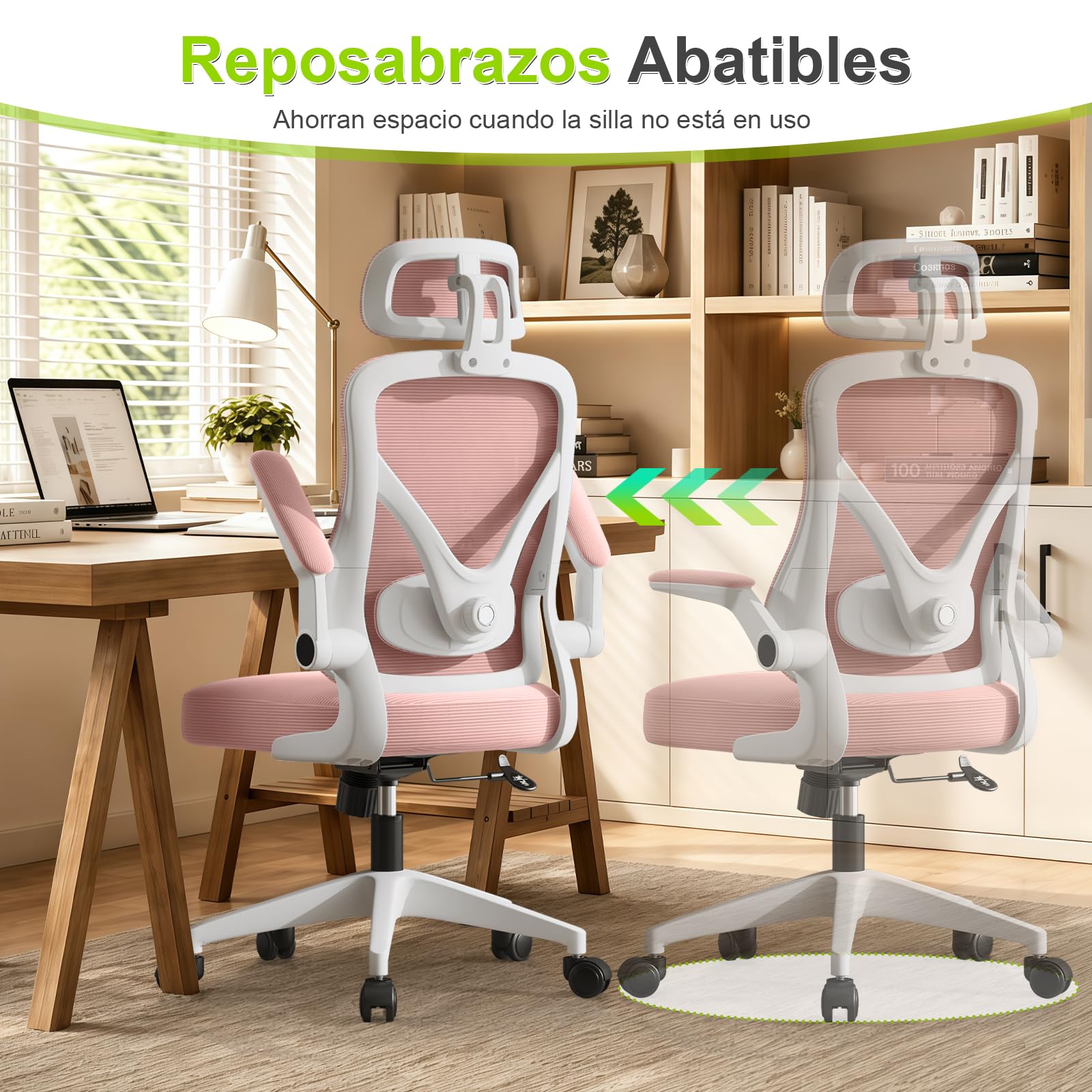 Silla de Escritorio con Ajustable Soporte Lumbar, Silla de Oficina Ergonómica con Reposabrazos Abatibles, Silla de para Ordenador para Oficina en Casa, Estudio y Juego, Rosa