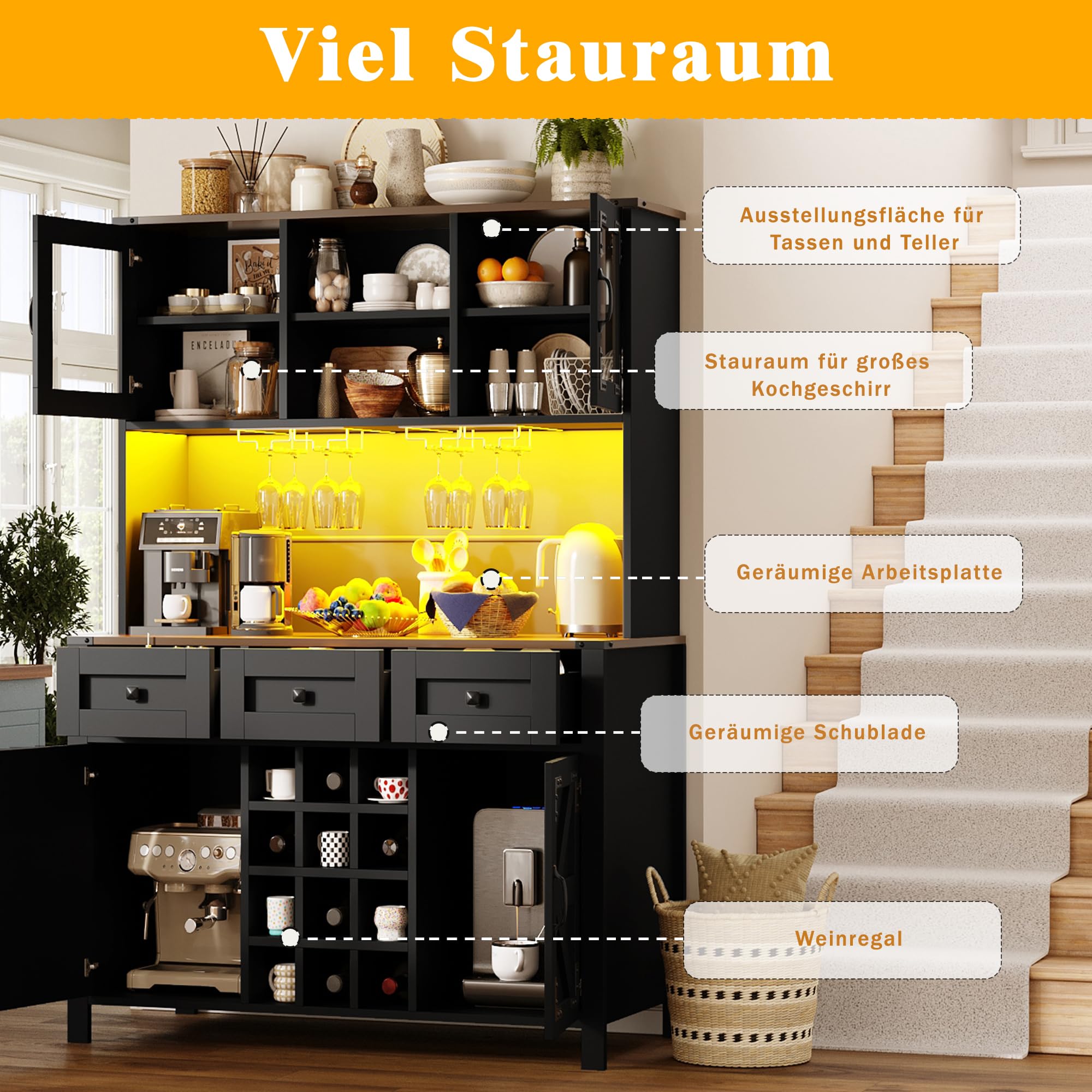Küchenschrank Hochschrank mit LED Licht und USB Steckdose, Küchenbuffet Buffetschrank mit 4 Türen und Schubladen, Highboard Sideboard Schrank Schwarz mit Schubladen und Weinregal, 120x40x170 cm
