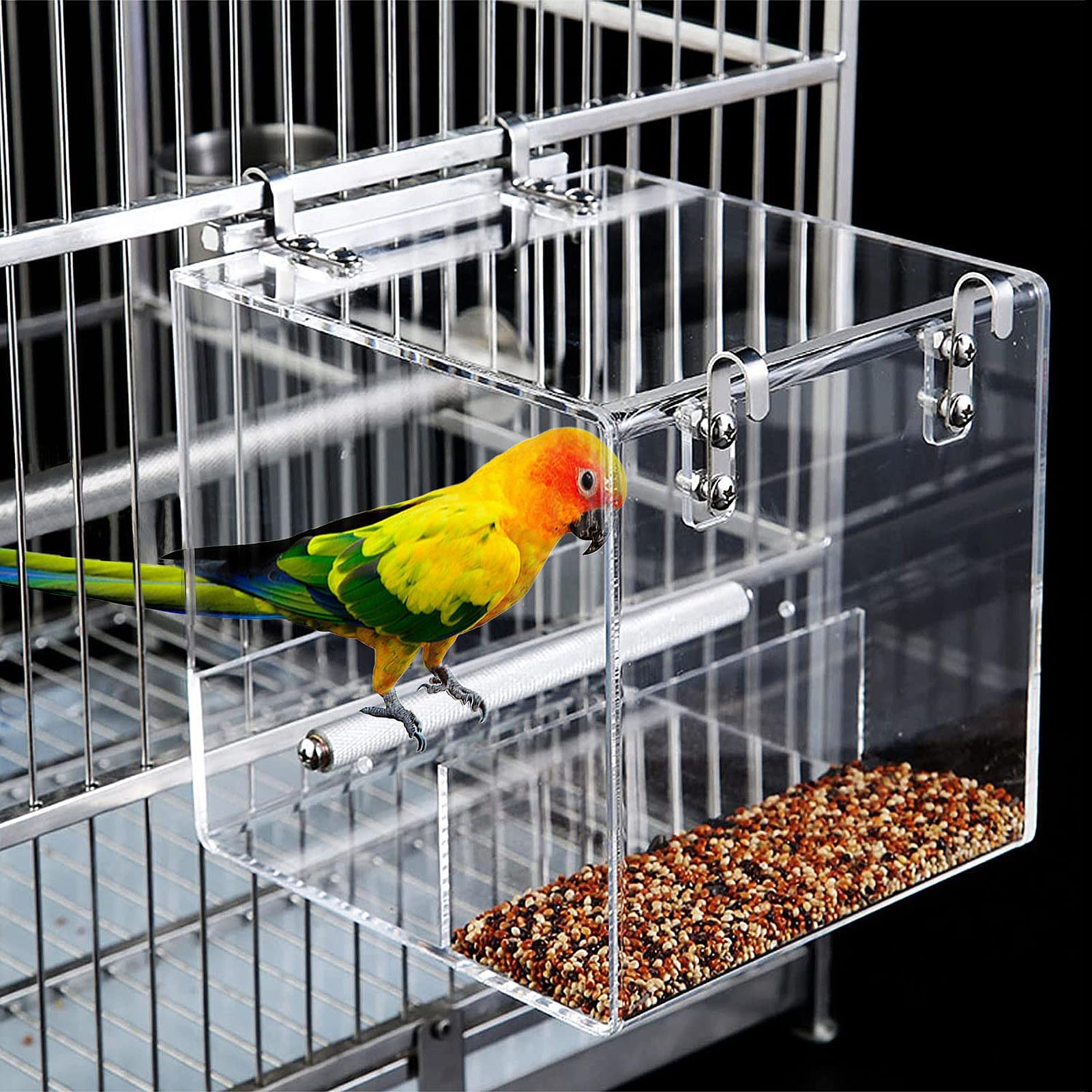 Transparent Acrylic Bird Feeder, Cage Bird Feeder Automatic Bird Cage Feeder, Acrylic No Spill Bird Feeder Cage for Parakeet Parrot Cockatiels Cockatiels Lorikeet Lovebirds Cage Seed Feeder 6.4inch