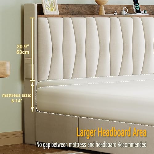 Miniatura 7 de ANCTOR Base de cama individual con 3 cajones, plataforma tapizada con cabecera de almacenamiento y estación de carga, no necesita somier, fácil