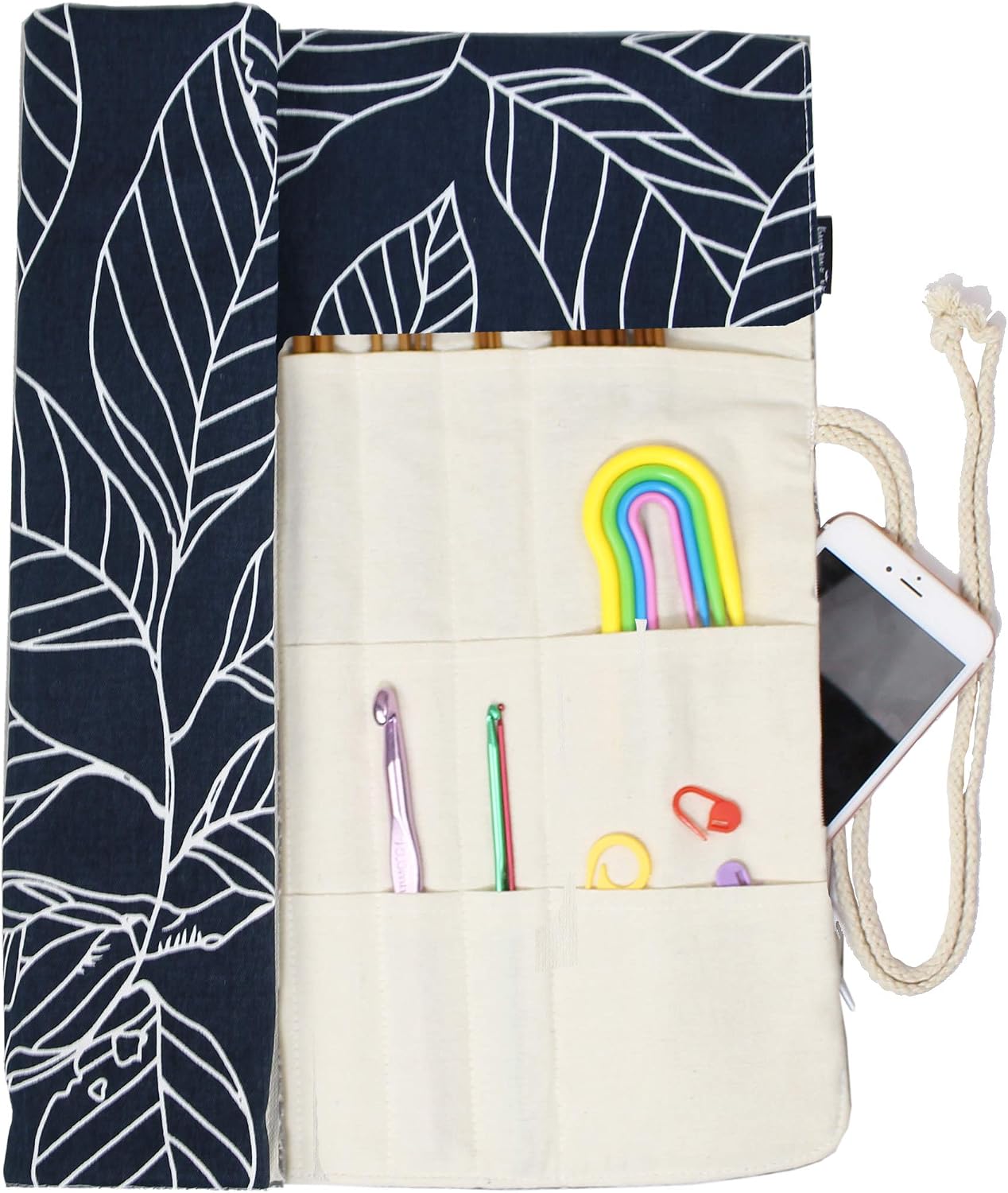 Knitting Needles Holder Case Rolling Organizer for Crochet Hooks Accessories, Mother's Day Gift (Navy Leaf)