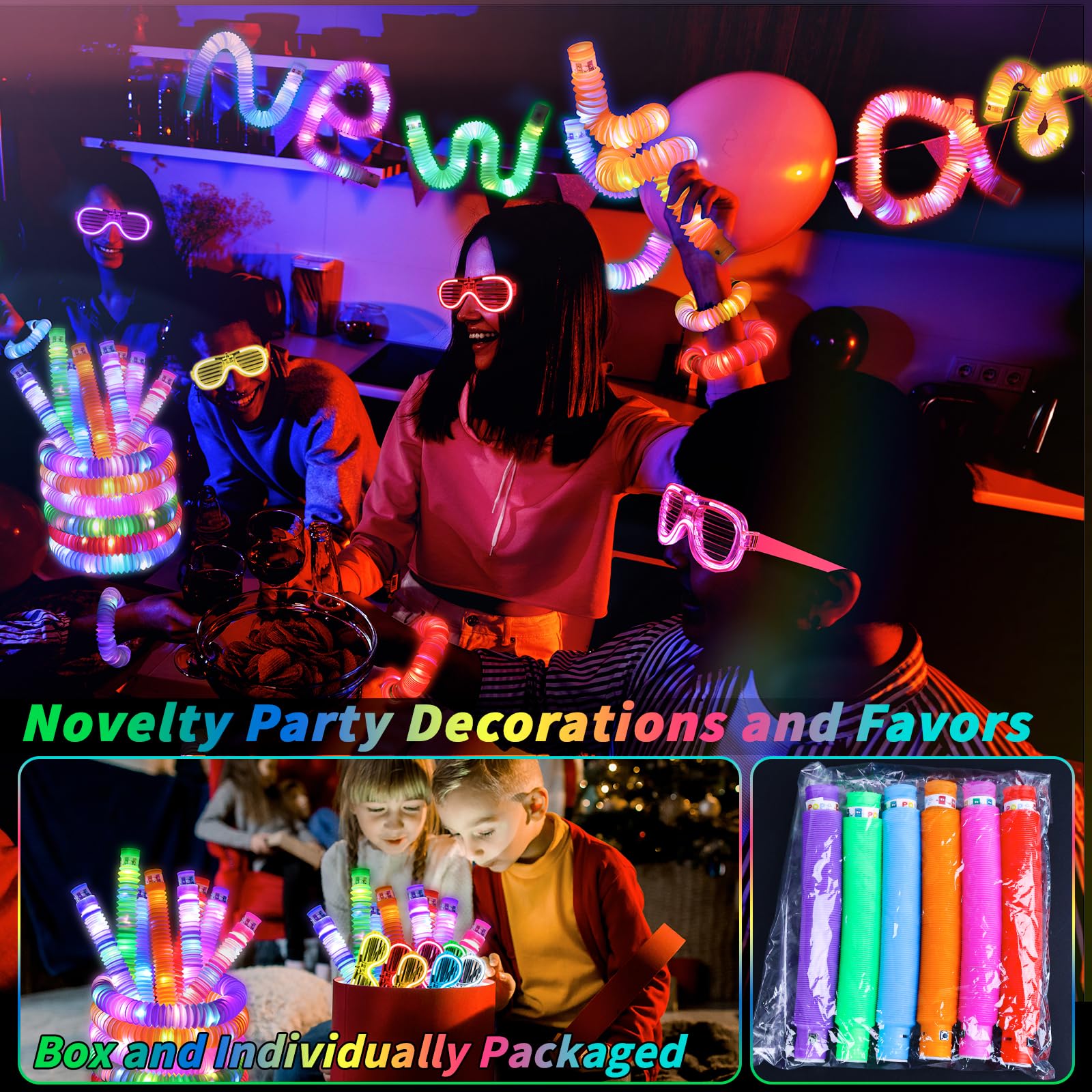 60 piezas de suministros de fiesta que brillan en la oscuridad, 30 gafas de luz LED, 30 varillas luminosas, tubos de flash, gafas LED de neón, pulsera, collar, accesorios, bolsas de regalo para