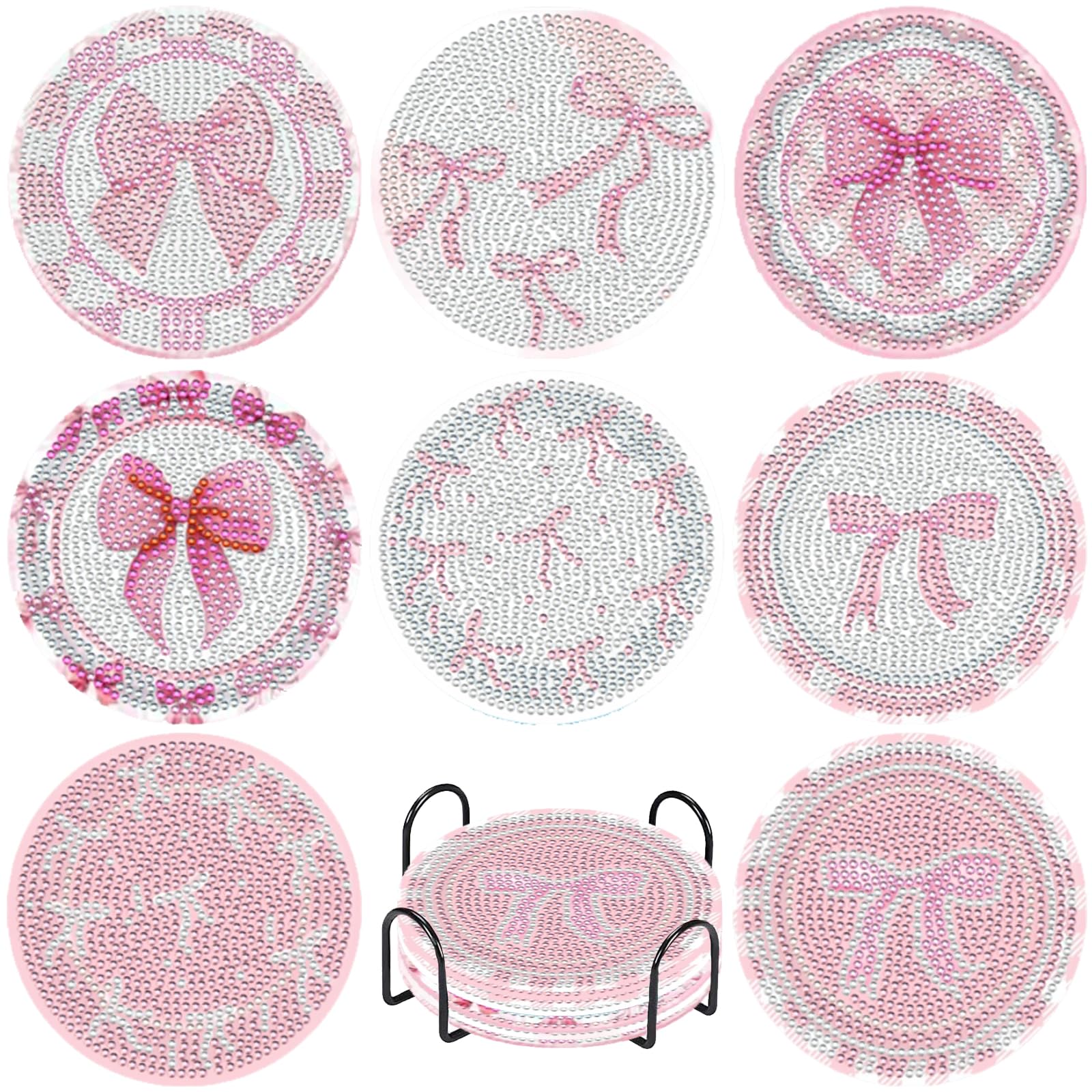 VDESFUEBY 8 Pcs Pink Bow Diamond Art Coasters, 5D DIY Full Drill Diamond Dots, Gem Art Kits for Adults Arts and Crafts Supplies