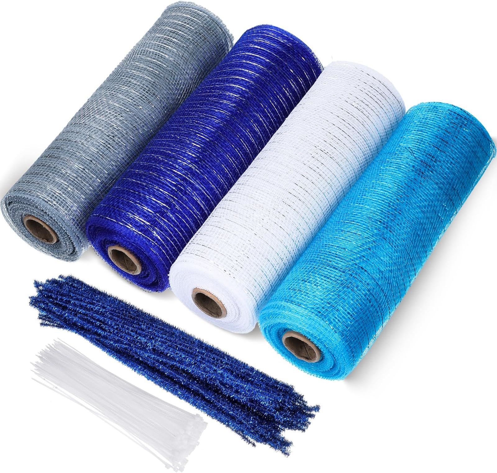 Funtery 4 Rolls 40 Yard Christmas Deco Mesh Decorative Mesh Ribbon Roll with Chenille Stem and Clear Zip Ties for Wedding Valentine Bouquet Wreath Xmas Tree Garland Swag Craft(Vivid Color)