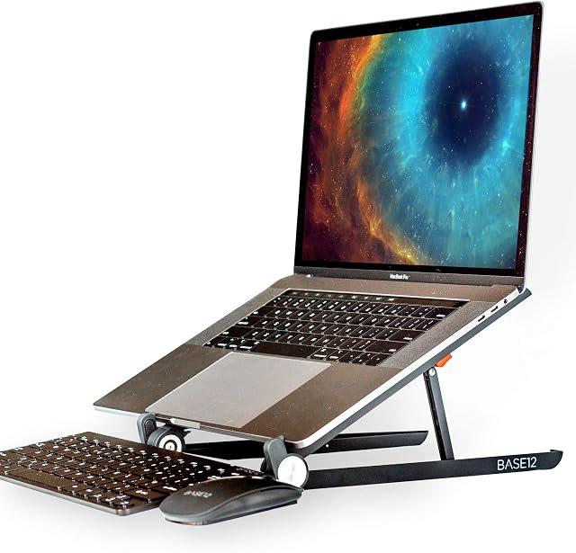 BASE12 Laptop Stand, Portable Foldable Notebook Stand for Desk, Ergonomic Angle Adjustable Laptop Riser Compatible with PC, MacBook, Tablet 11-17