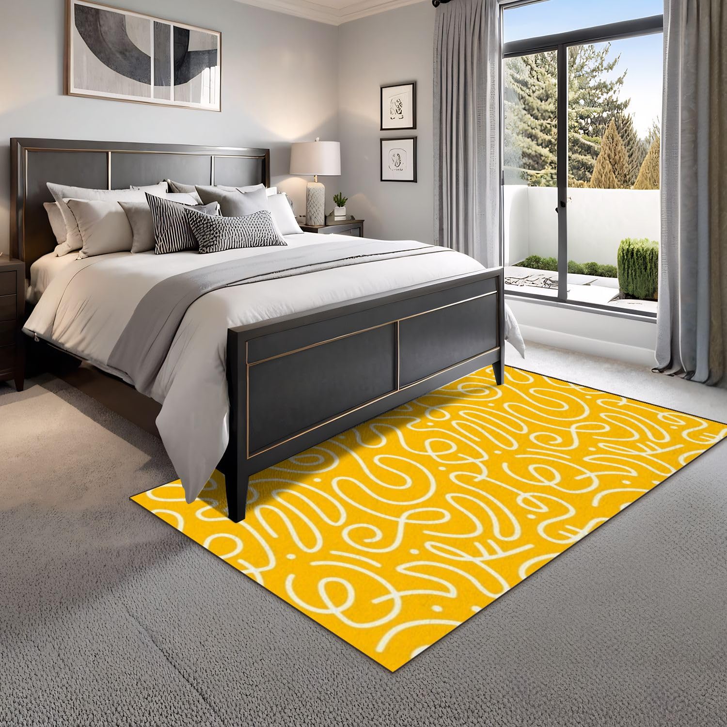 4x5 Boho Rug Rugs for Living Room Rugs for Entryway Fun line Doodle Seamless Pattern Creative Abstract Squiggle Yellow Bedroom Rug Door Mat Nursery Room Decor Rainbow Carpet