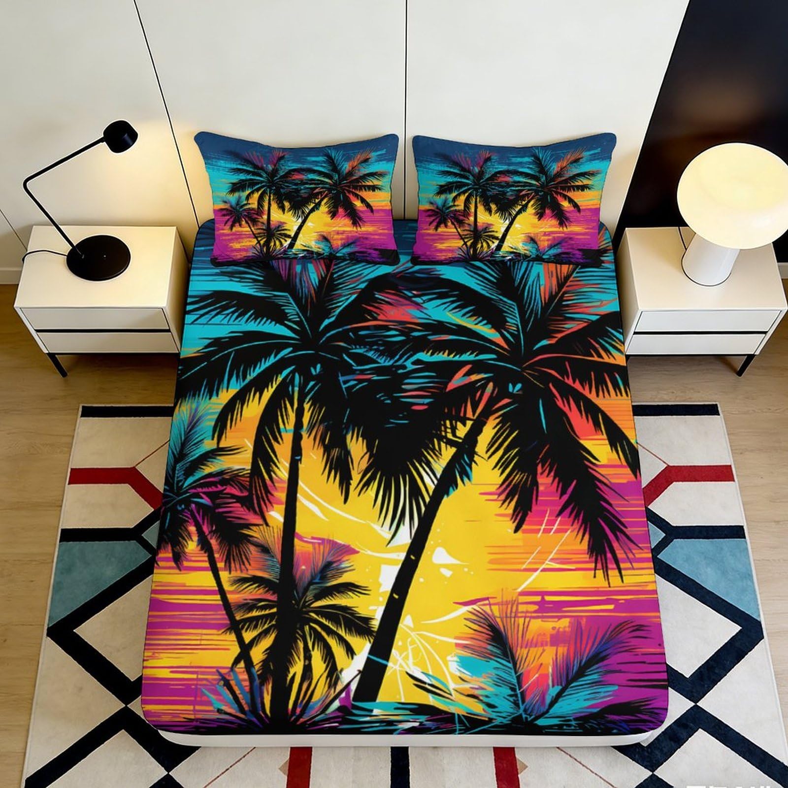 Pnayamiorkfel Style-2 3D Printed Tropical Sunset Fitted Sheet Microfiber Soft Breathable Palm Tree Mattress Cover For Bedroom Dorm Decor 90X200x25cm