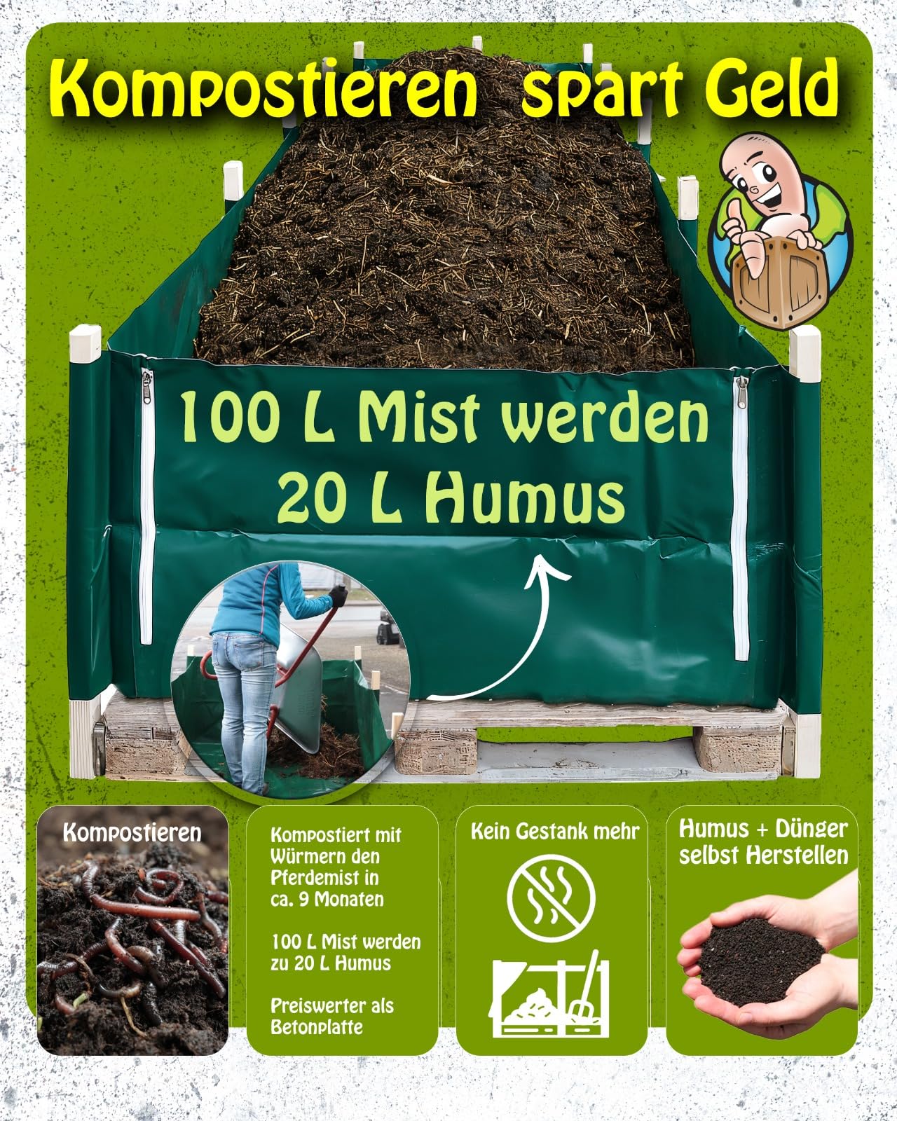 MiKoWa Kompostier-Wanne für Pferdemist – 3,1 m³ – Mobil & wasserdicht – amtlich anerkannt – Alternative zur Mistplatte/Dunglagerstätte – Opt. Abdeckung – von Wurmwelten
