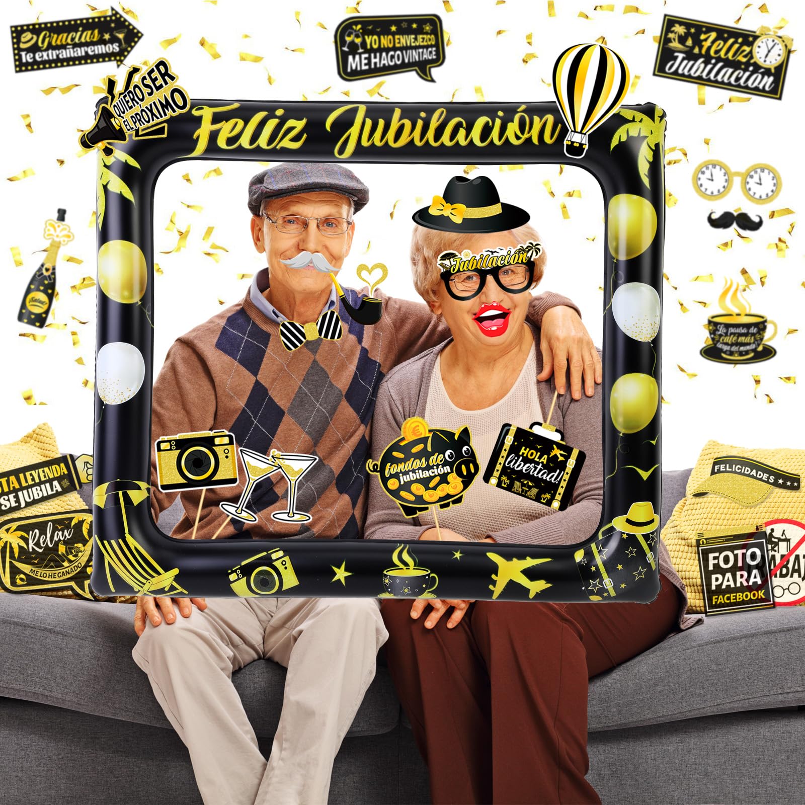 Puntelli per la Cabina Fotografica della Festa di Pensionamento, Puntelli in Oro Nero e Cornice Gonfiabile Gigante per la Festa