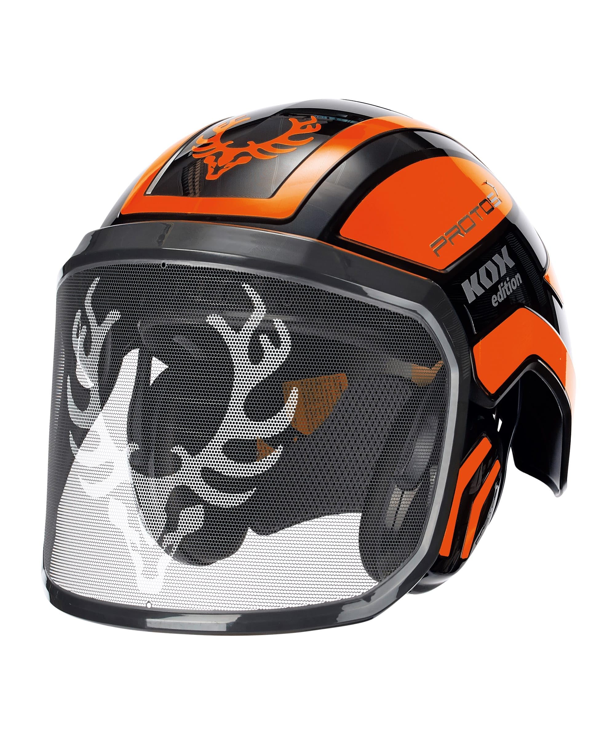 Protos Forsthelm/Schutzhelm KOX Edition mit Gehörschutz und Visier Integral Forest Schwarz/Neonorange KOX Edition Schwarz/Neonorange mit Ätzmetallvisier F39