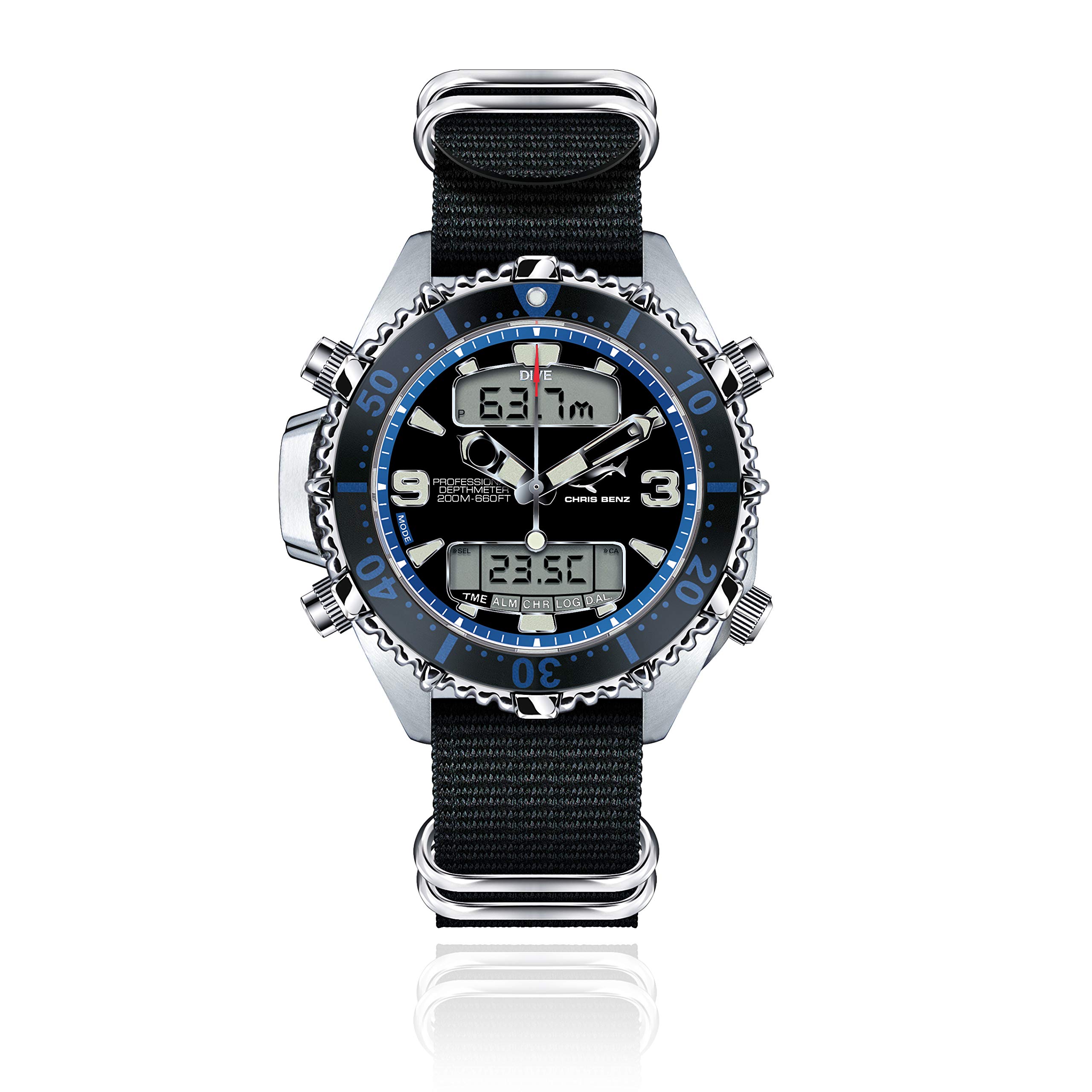 CHRIS BENZ Depthmeter Digital 200M Taucheruhr mit Zulu Ballistic Band, Mitternachtsblau