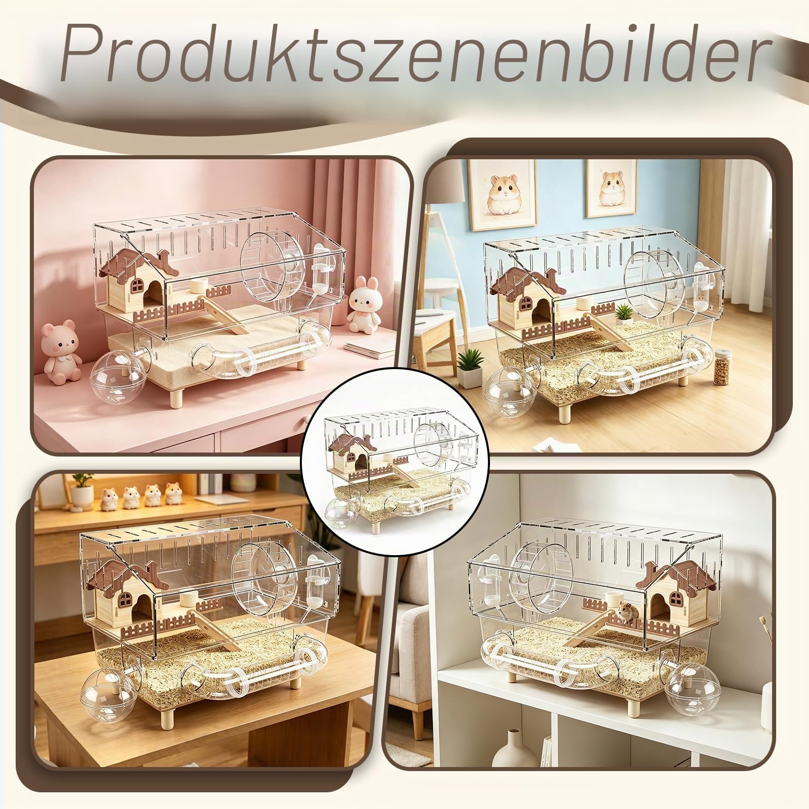 Hamsterkäfig, 43 x 30 x 34 cm Hamster Villa aus Acryl mit Ruhebereich Übungsrad Tunnel Außenbadezimmer Wasserkocher Futternapf Doppelstöckiges Hamsterhaus für Kleintiere Zuhause zum Spielen und Toben