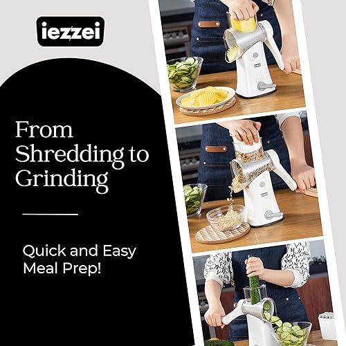 Vista 9 de Rallador rotativo de queso, manivela de mano, cortador de frutas, trituradora de zanahorias, molinillo de nueces con 5 cuchillas de acero