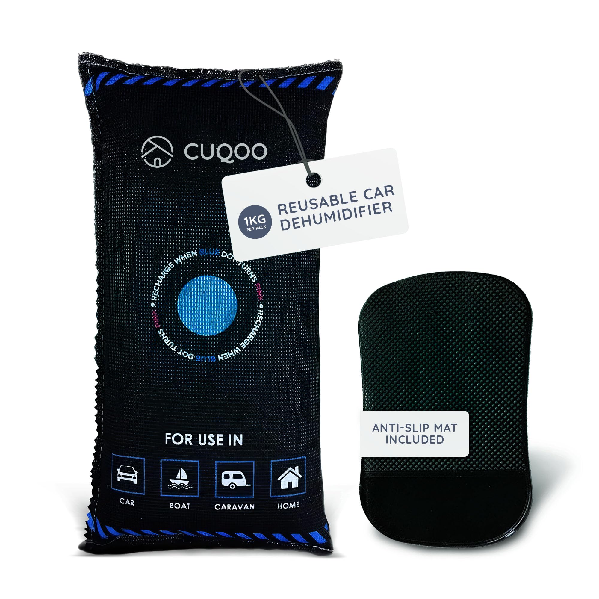 CUQOO 1KG Car Dehumidifier Bag – Reusable Moisture Absorber for Car Interior with Anti-Slip Mat – Microwave Reactivated Dehumidifier Bags for Condensation, Damp & Fog