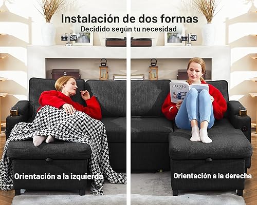 Miniatura 6 de DURASPACE Sofá cama extraíble 2 en 1 sofá cama seccional con almacenamiento, USB, soporte para tazas, sofás seccionales extraíbles para apartamento