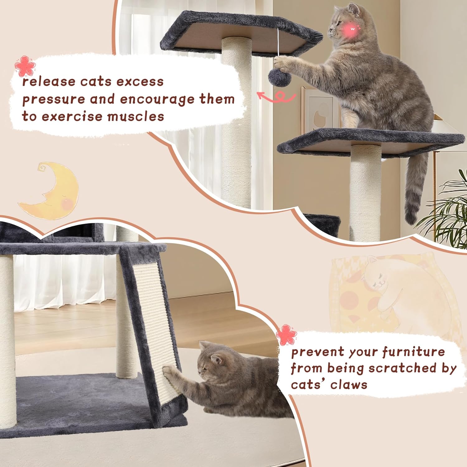 review KSIIA Cat Tree for Indoor Cats 49 Inch Tall Cat Climbing Tower with Sisal-Covered Scratching Post & Board Modern Cats Activity Condo House with Plush Perch, Grey