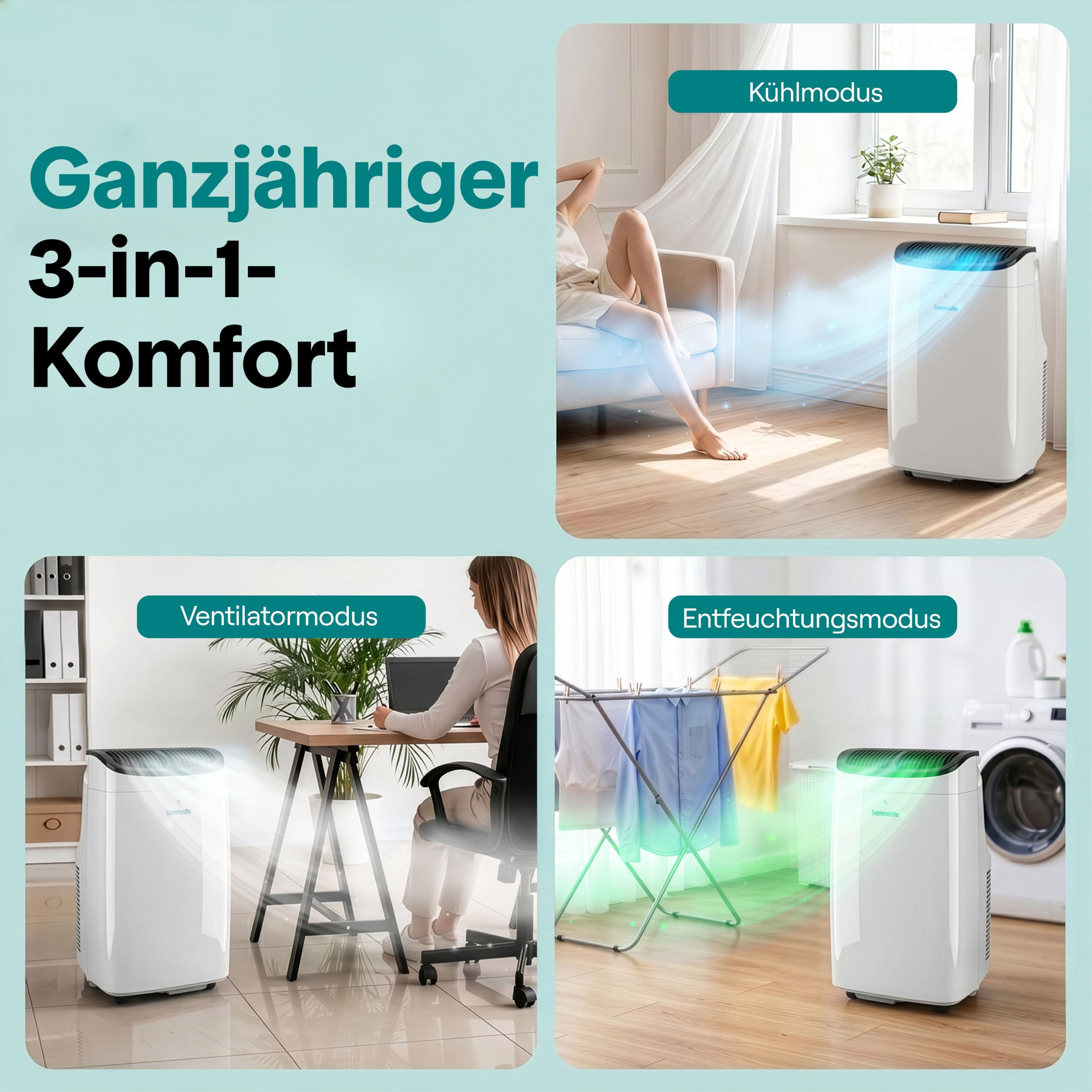 SereneLife Klimaanlage Mobil 7000 BTU – Kleine Klimaanlage für Zimmer bis 20 m² | Kühlung, Entfeuchter & Ventilator | 49 dB