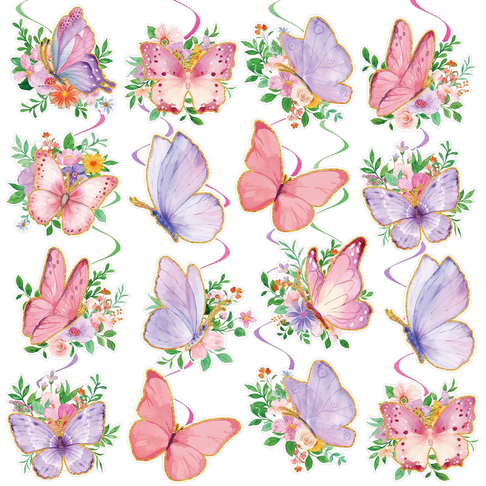 48Pcs Spring Butterfly Hanging Swirl Decorations, Watercolor Butterfly Ceiling Hanging Swirls Spring Party Hanging Swirls Streamers for Birthday Wedding Garden Tea Party Decor Supplies