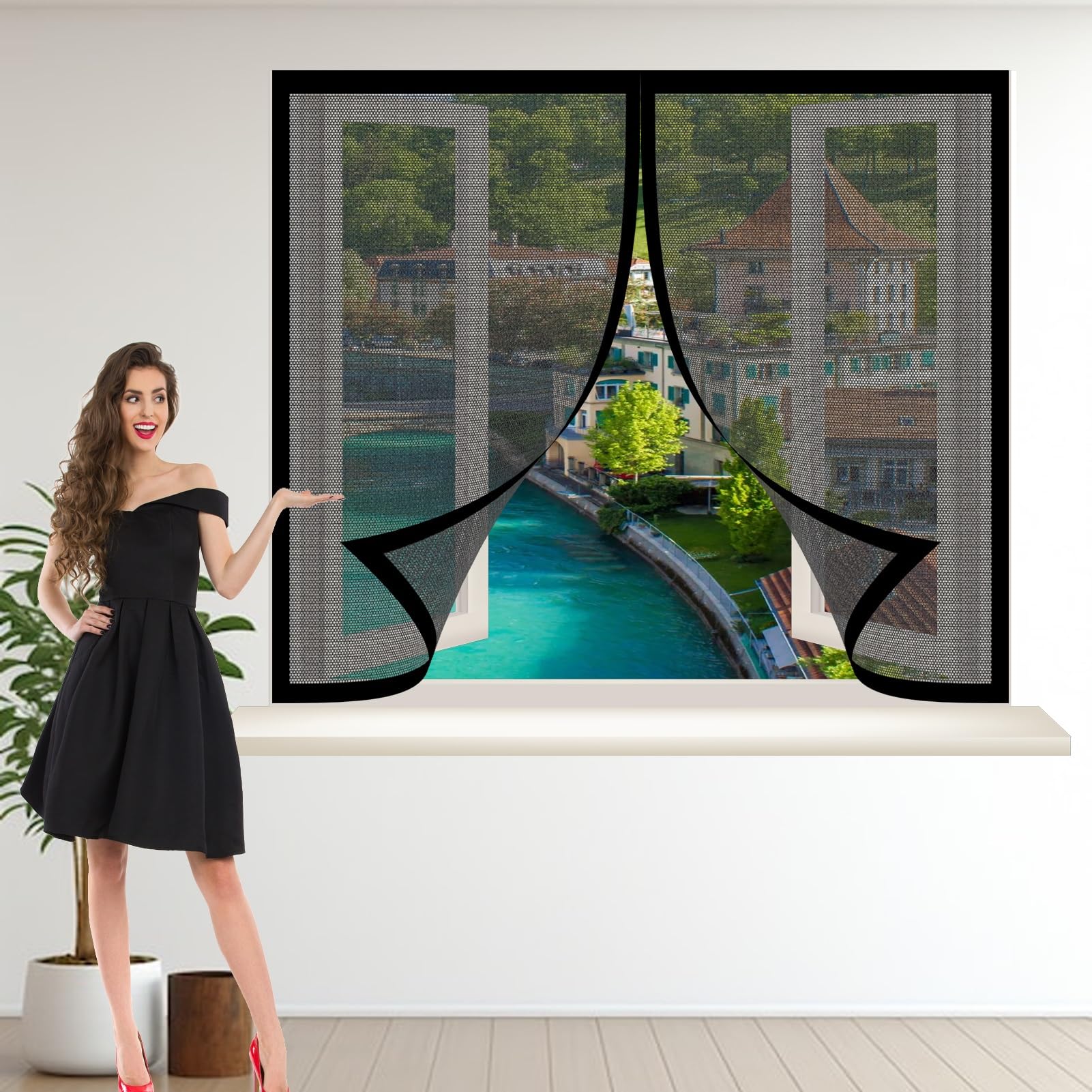 Magnetic Fly Screen Window 145 x 124 cm Keep Fly/Mosquito Out Bug Net Fly Screen Window Nets Heavy Duty Mesh Fitted to Multiple Windows, Black