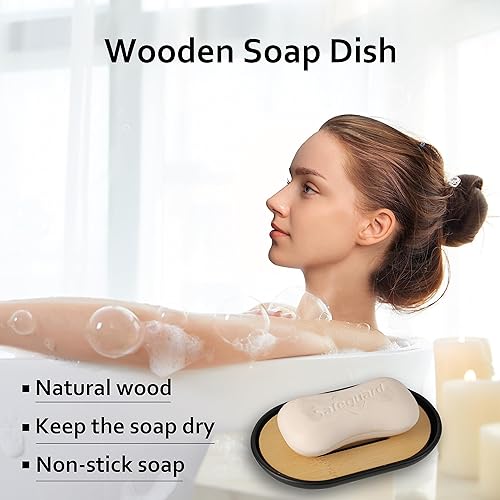 Miniatura 3 de Jabonera para ducha, juego de 2 salvadores de jabón de bambú para baño, soporte de jabón en barra con autodrenaje para baño, soporte de jabón para