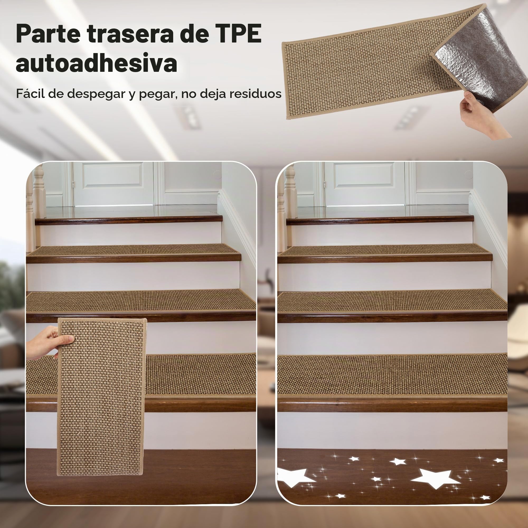 Antideslizantes para Escaleras, 20cm*76cm 15pcs, Alfombra Antideslizante, Alfombrillas para Escalones Interior, Lavable, Reutilizable, Beige