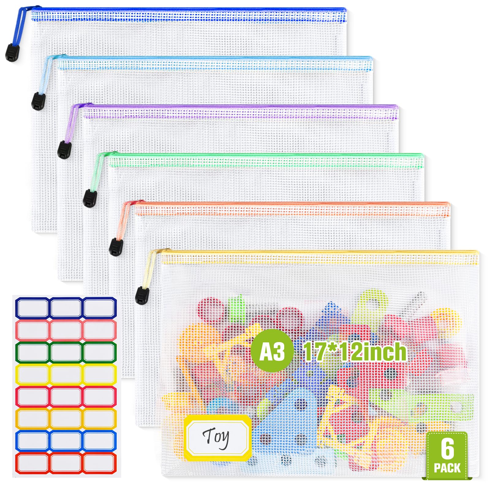 Mesh Zipper Pouch Bags: Clear Zipper Pouches for Classroom, Plastic Mesh Bag for Board Game Puzzles Storage, A3 Waterproof Organizing Pouch for School and Office Supplies (17 x 12Inch, 6PCS, 6 Color)-image-31
