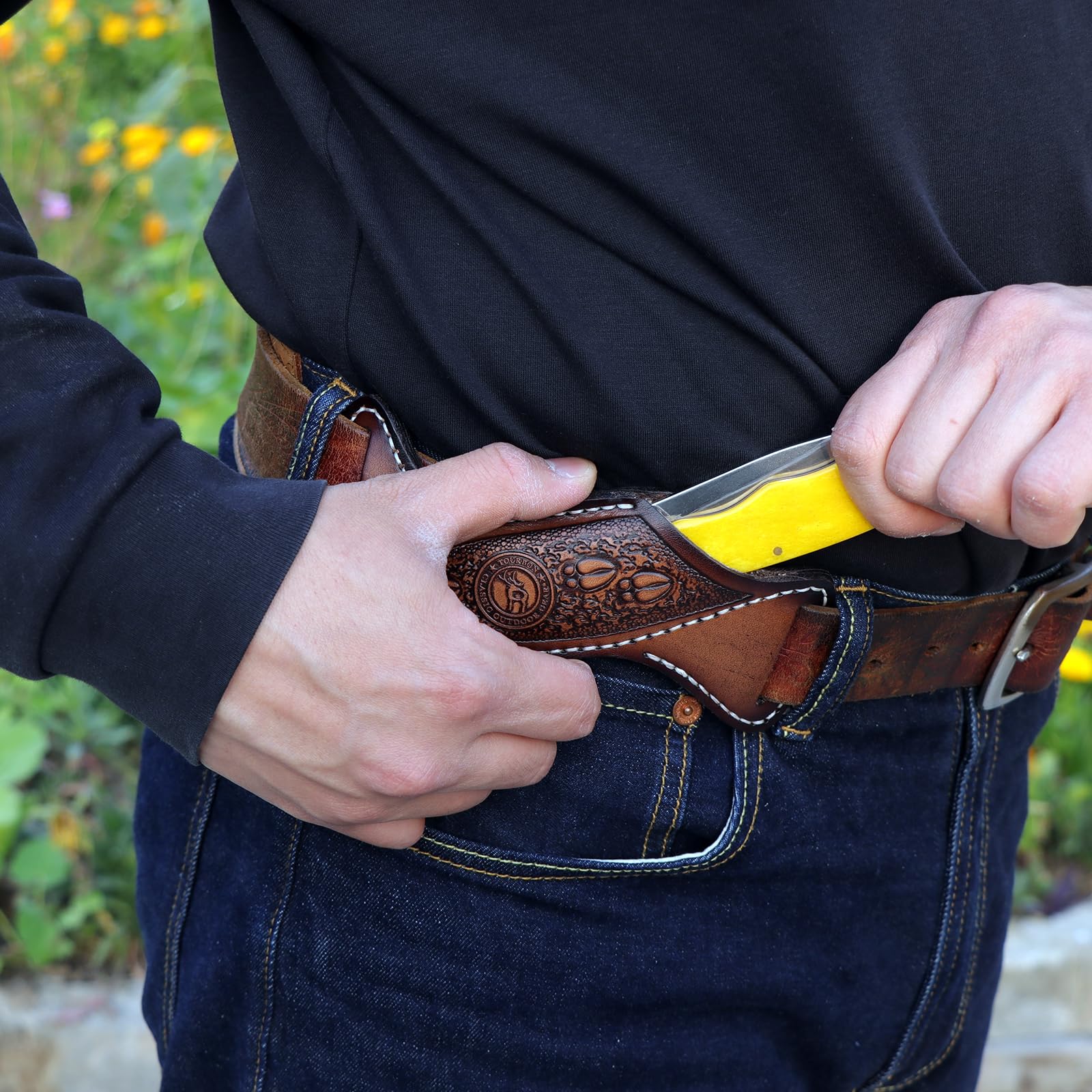 TOURBON Fourreau en cuir pour couteaux à lame fixe pour la ceinture, porte-couteau EDC, cadeau artisanal pour hommes