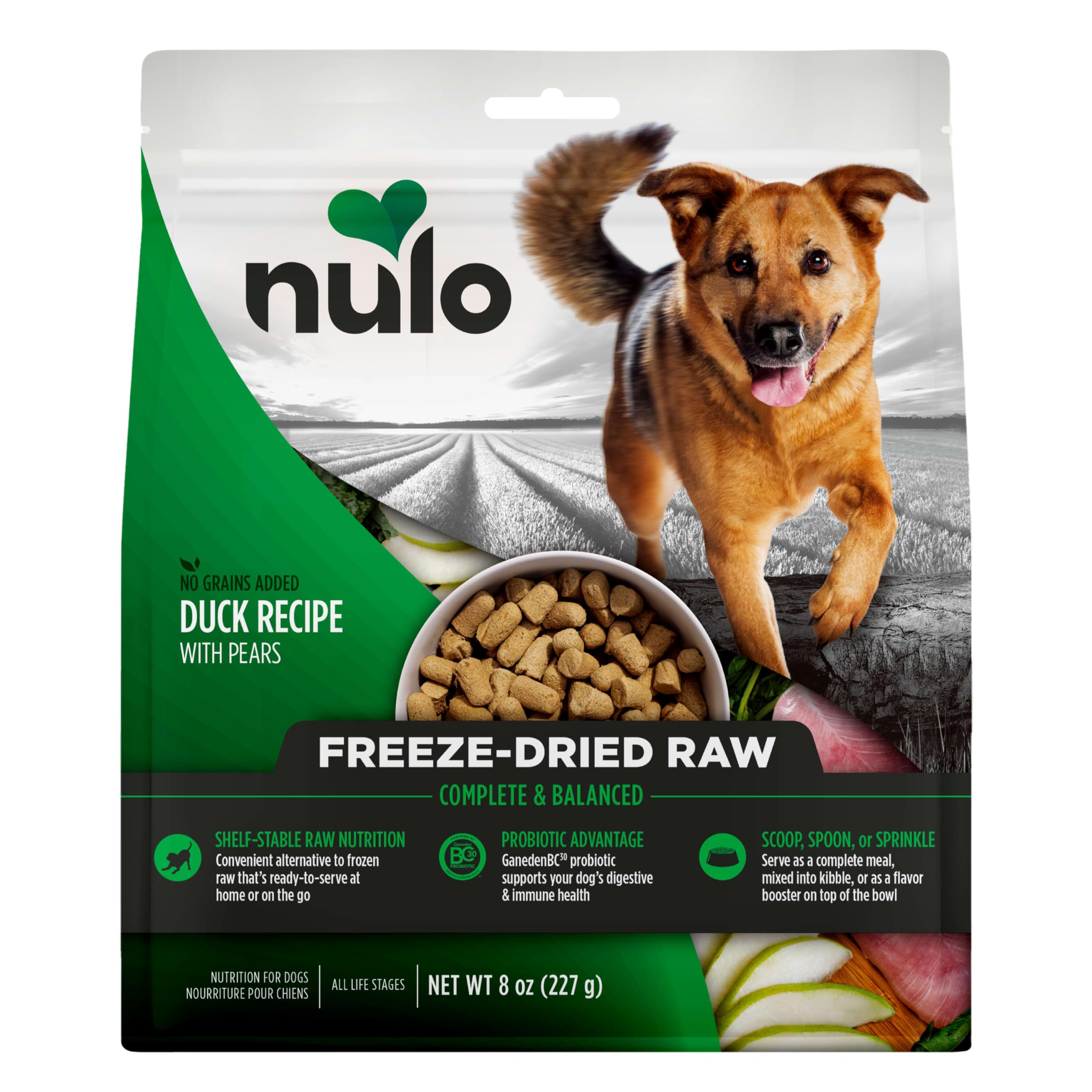 NuloFreeze-Dried Raw Duck Recipe with Pears Complete and Balanced Dry Dog Food Kibble, 8 Ounce Bag
