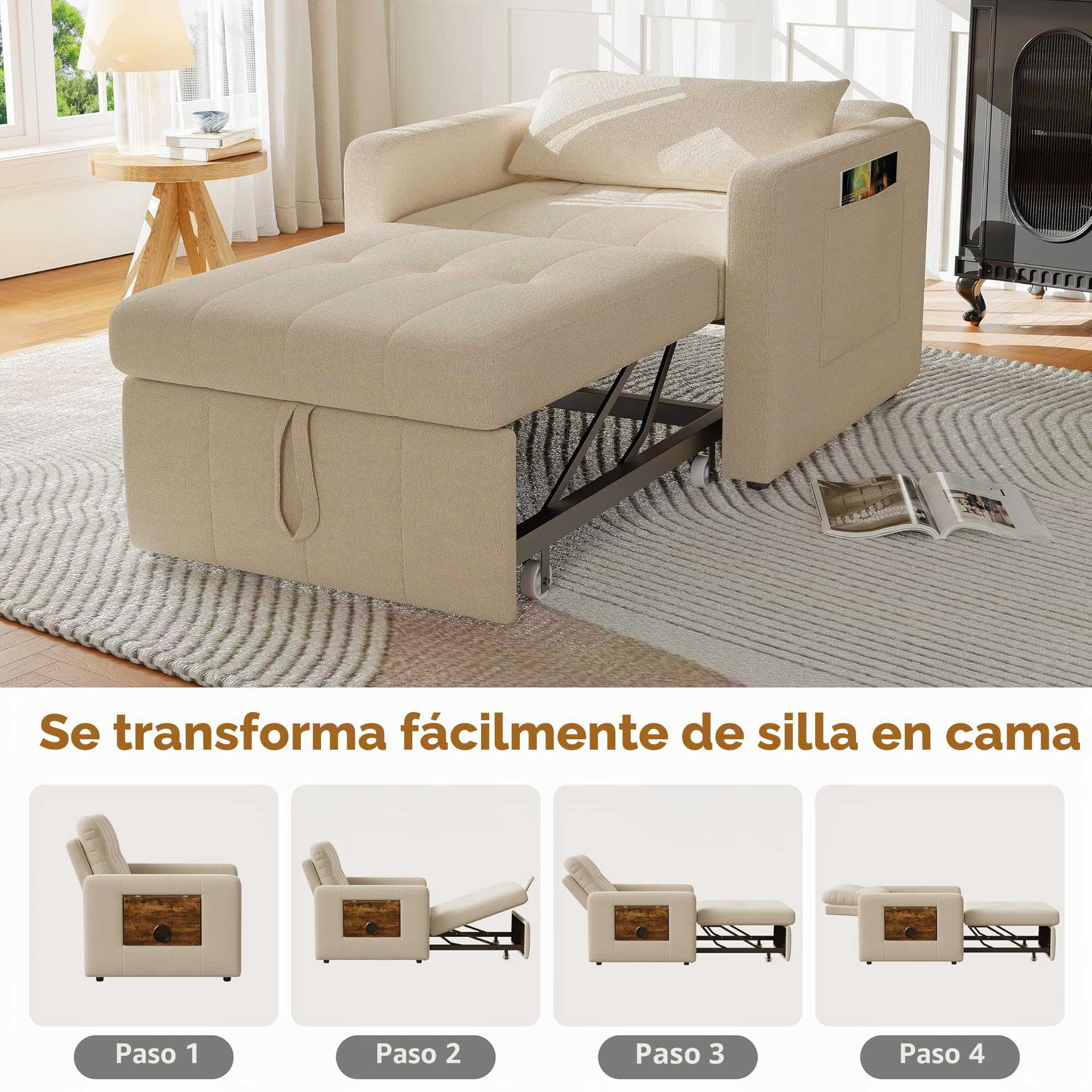 Sofá Cama Convertible de 1 Plaza 3 en 1 sillón Convertible con función Cama, Respaldo Ajustable, Mesa Auxiliar Plegable, colchón, cojín y Bolsillos, sofá Cama Plegable para apartamento pequeño