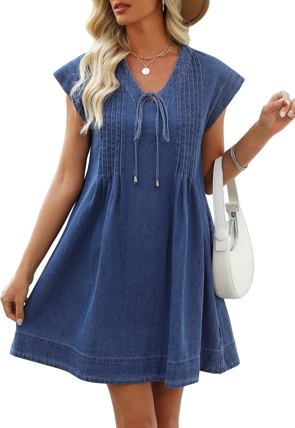 POTILI Denim Dress for Women,V Neck Jean Dresses Short Sleeves Denim Romper Dress with Pockets