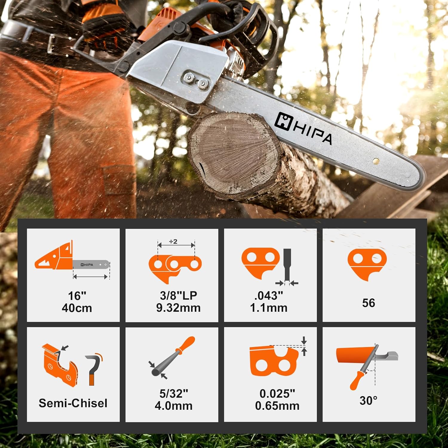 Hipa 16 Inch Chainsaw Chain Fits for DEWALT DCCS690-49162715 16IN DWO1DT616T Fits for EGO CS1613 CS1604 CS1600 3/8" LP Pitch .043" Gauge 56 Drive Links, R56 (3PCS)