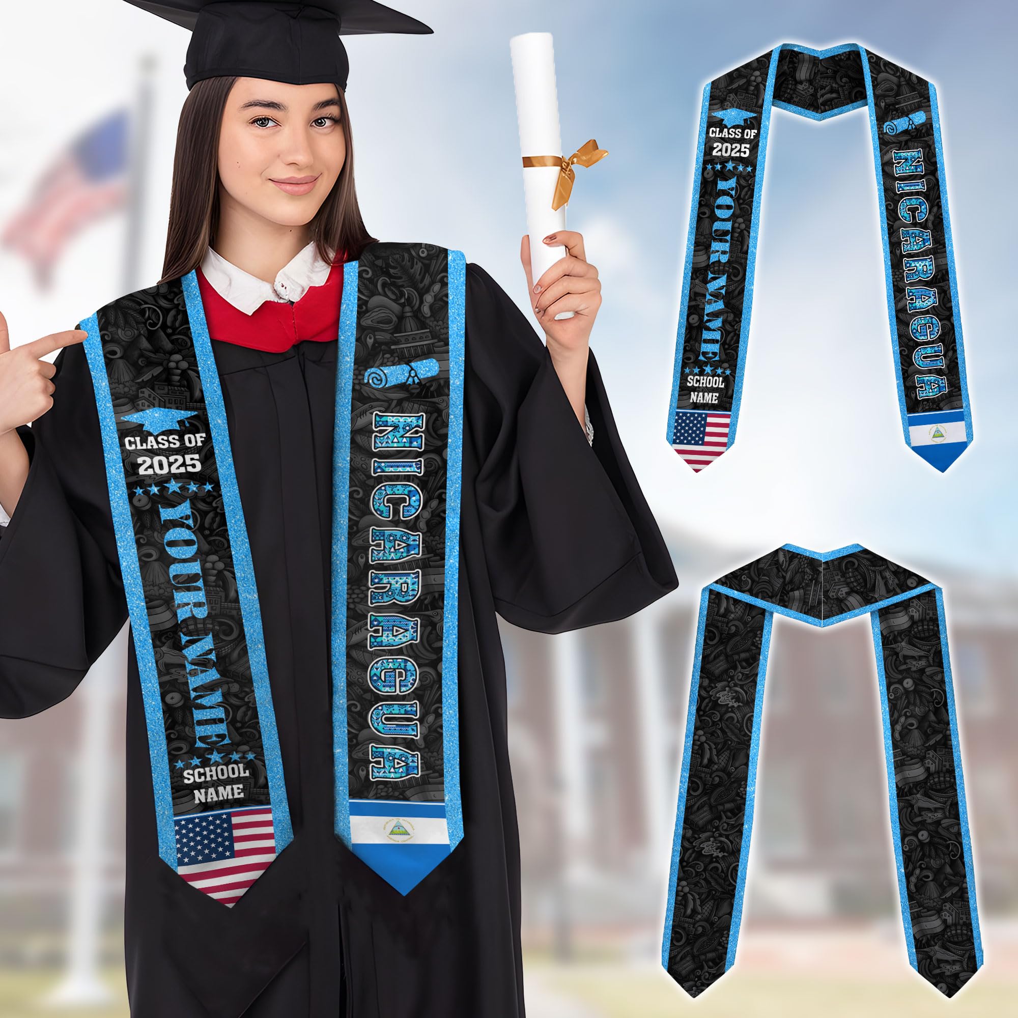 MonkeyVan Custom Nicaraguans Graduation Sash 2025, Nicaragua Graduation Stole, Nicaraguans American Flag Graduation Sash 2025 Ncrg 11