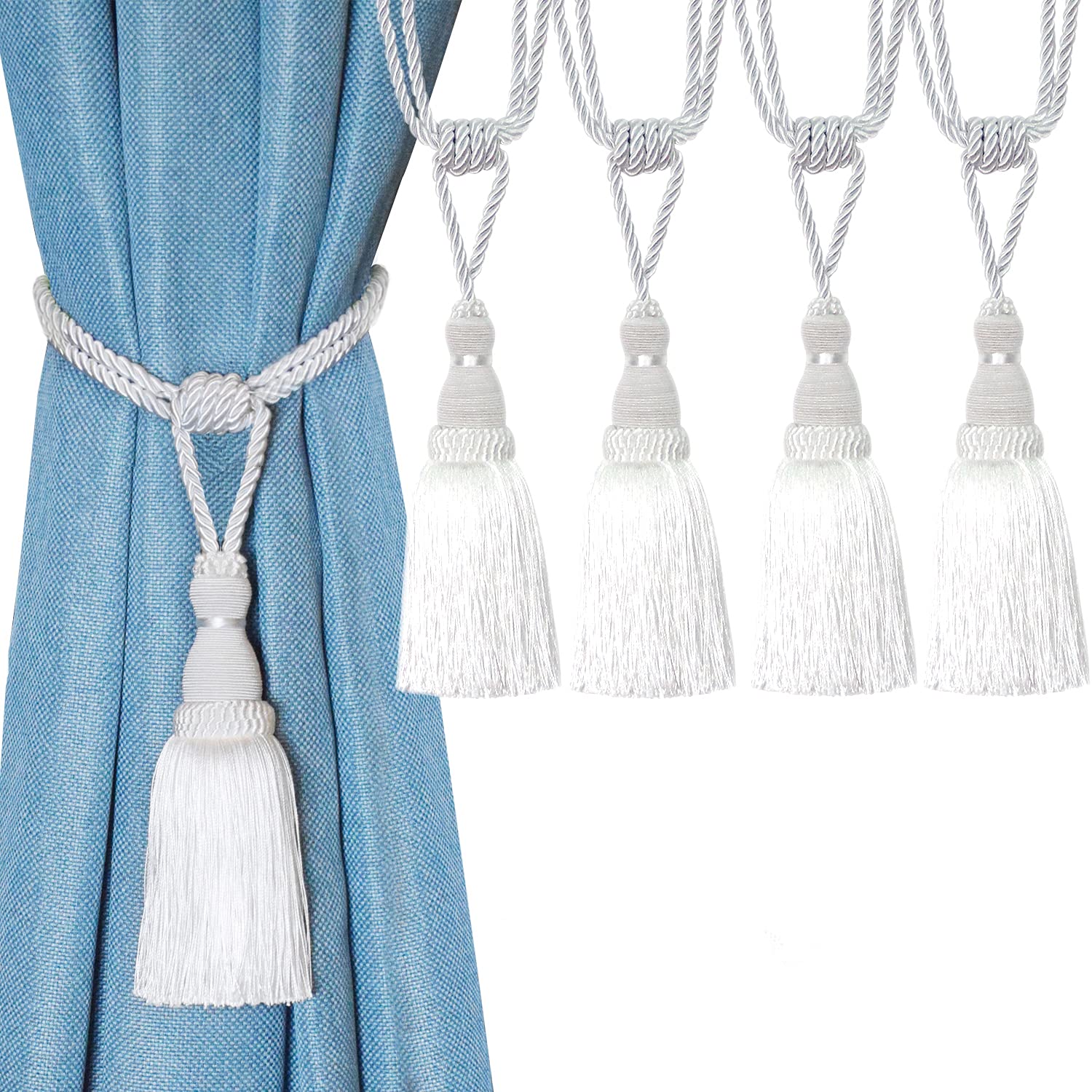 Tassel Curtain Tiebacks， Braided Rope Curtain Tiebacks With Tassels, Multicolor, 2/4 Pcs(Wit,4pcs)