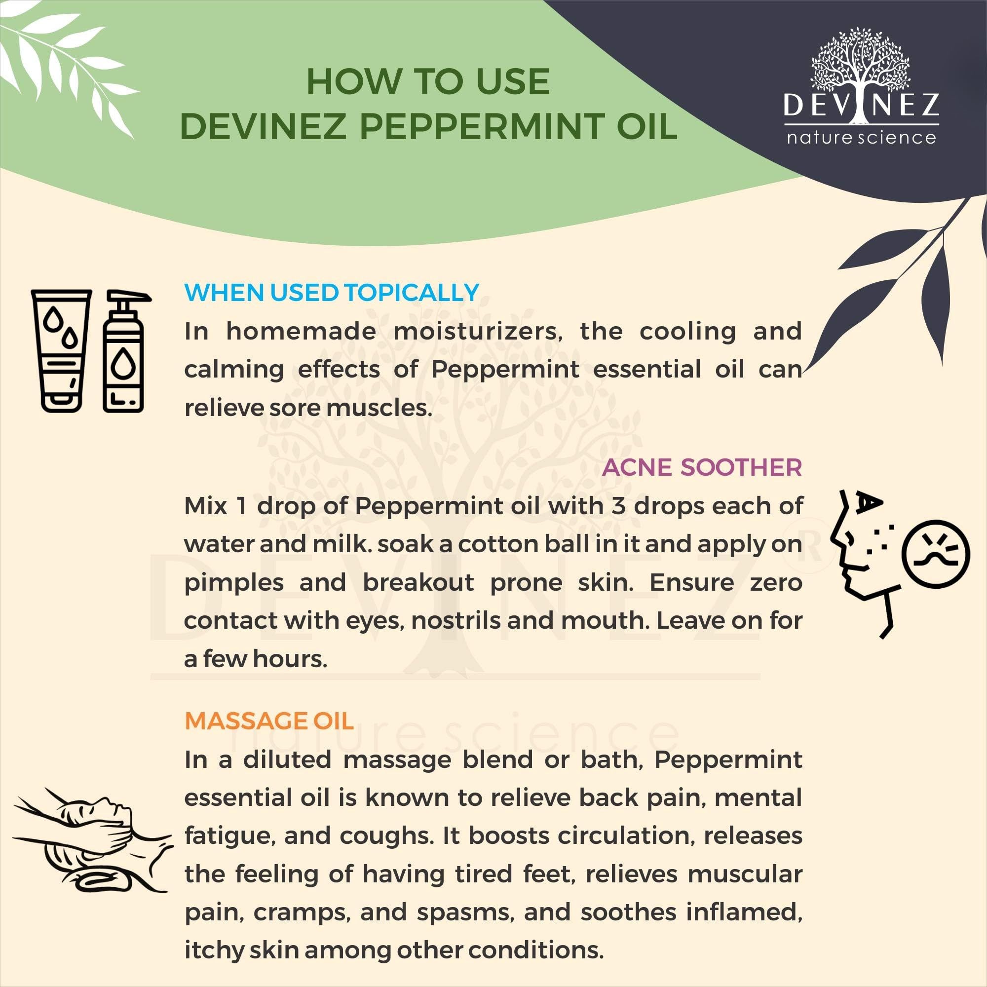 Devinez Peppermint Essential Oil (10ml) - 100% Pure Mentha Piperita - Cooling Menthol for Steam Inhalation, Head Tension, Scalp Stimulator & Focus 3