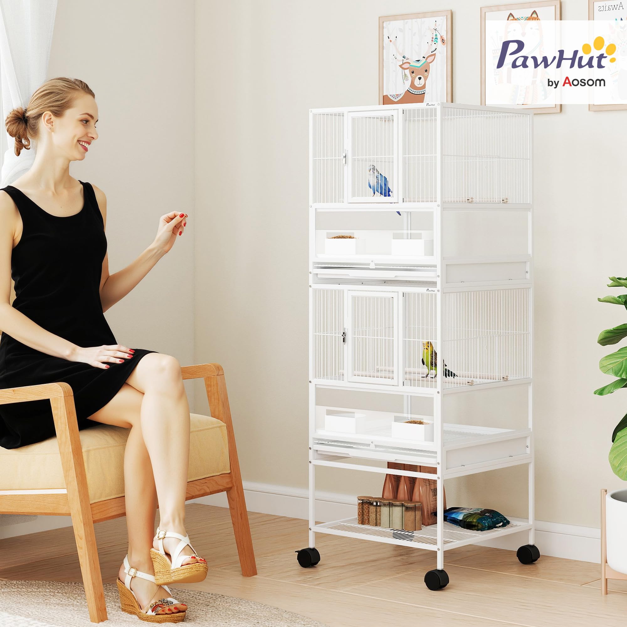 Pawhut Jaula para Pájaros Jaula Grande de 2 Niveles con Ruedas Paneles Acrílicos Comederos Perchas Estante Bandejas Extraíbles Pajarera para Loros Canarios 48x46x134,5 cm Blanco