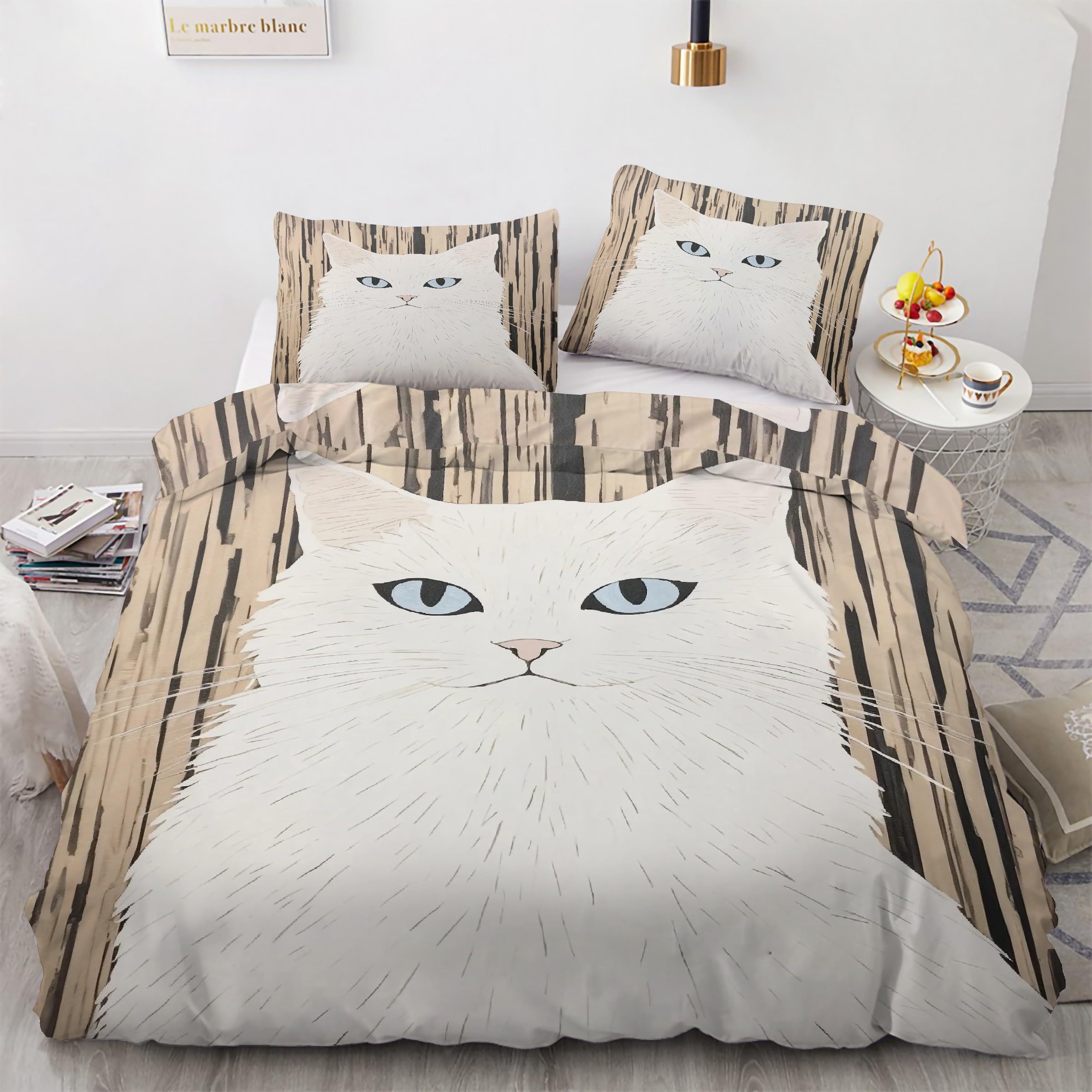 Housse de couette chaton blanc pour lit 90x190 avec fermeture éclair zippée
