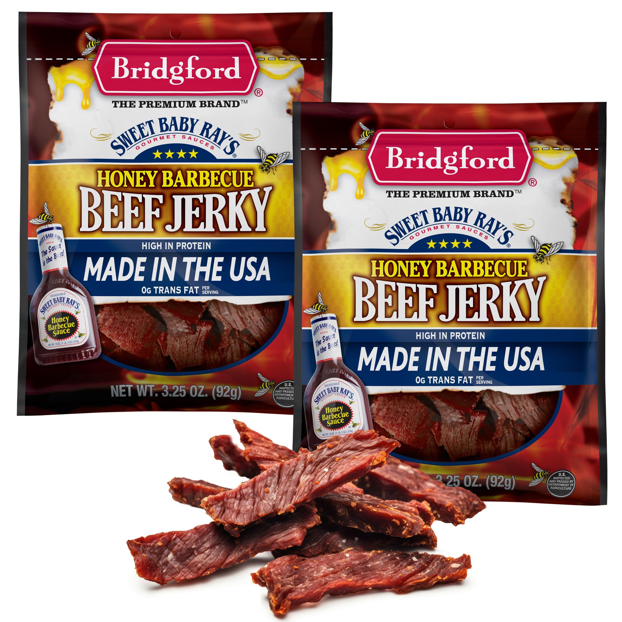 BridgfordSweet Baby Ray’s Beef Jerky Honey BBQ 3.25 oz Pack of 2 - High Protein Jerky for Midday Energy Boost or Post Workout Snack - Naturally Smoked Ready-to-Eat Meat Snacks for On the Go Snacking