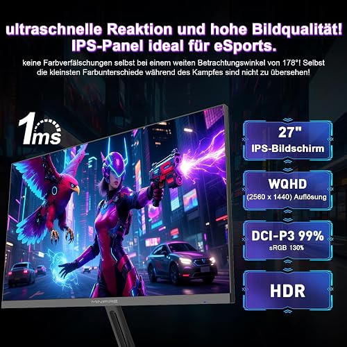 Minifire 27 inch WQHD 240Hz Gaming Monitor 1440P-1ms AMD FreeSync 丨DCI-P3 98% 丨Fast IPS丨Loudspeaker丨HDR10 丨2×DP1.4丨2×HDMI丨Height adjustable vertical/horizontal rotatable Gaming PC Monitor - 7