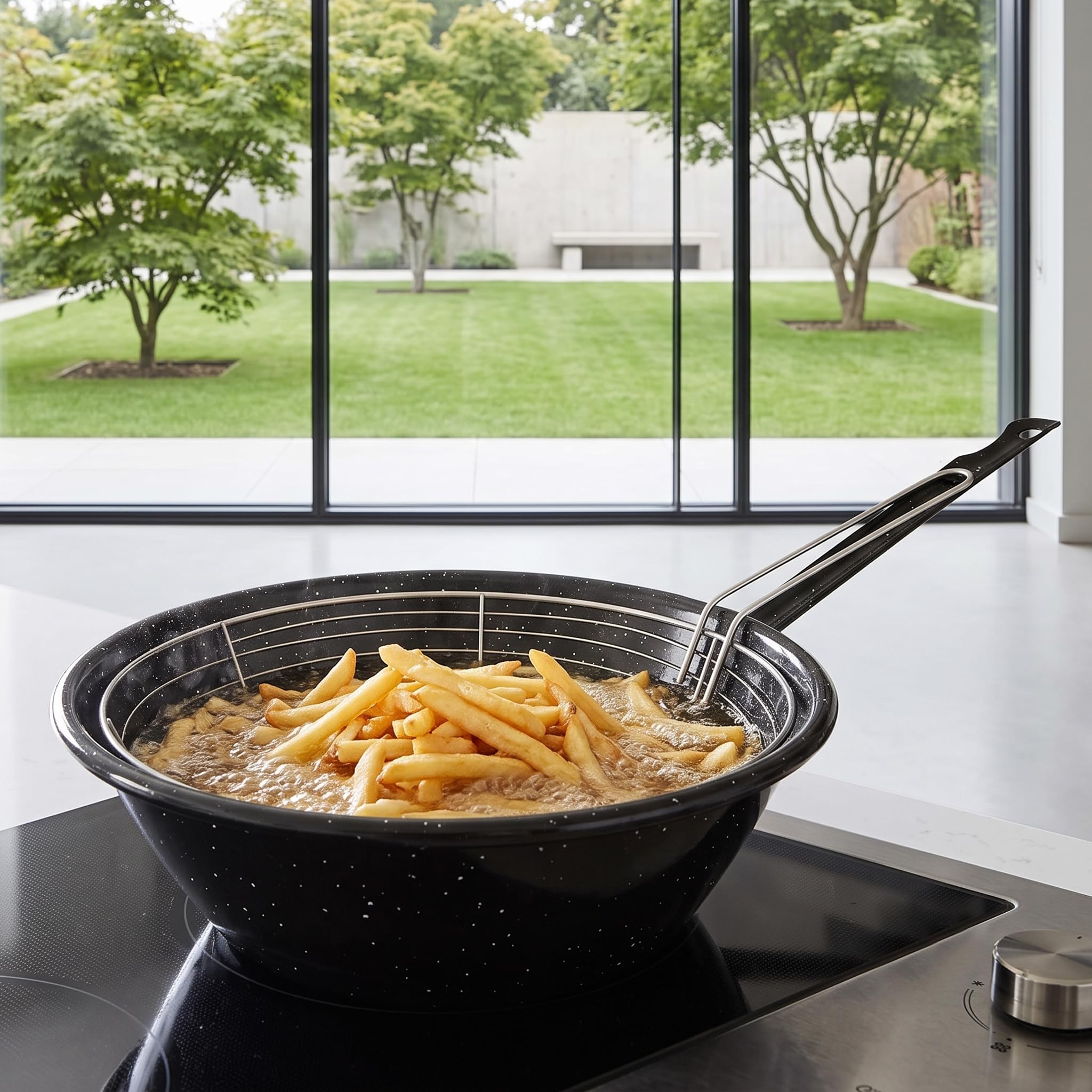 Space Home - Padella Friggitrice con Cestello - Acciaio Vetrificato Antiaderente - 24 cm - Nero