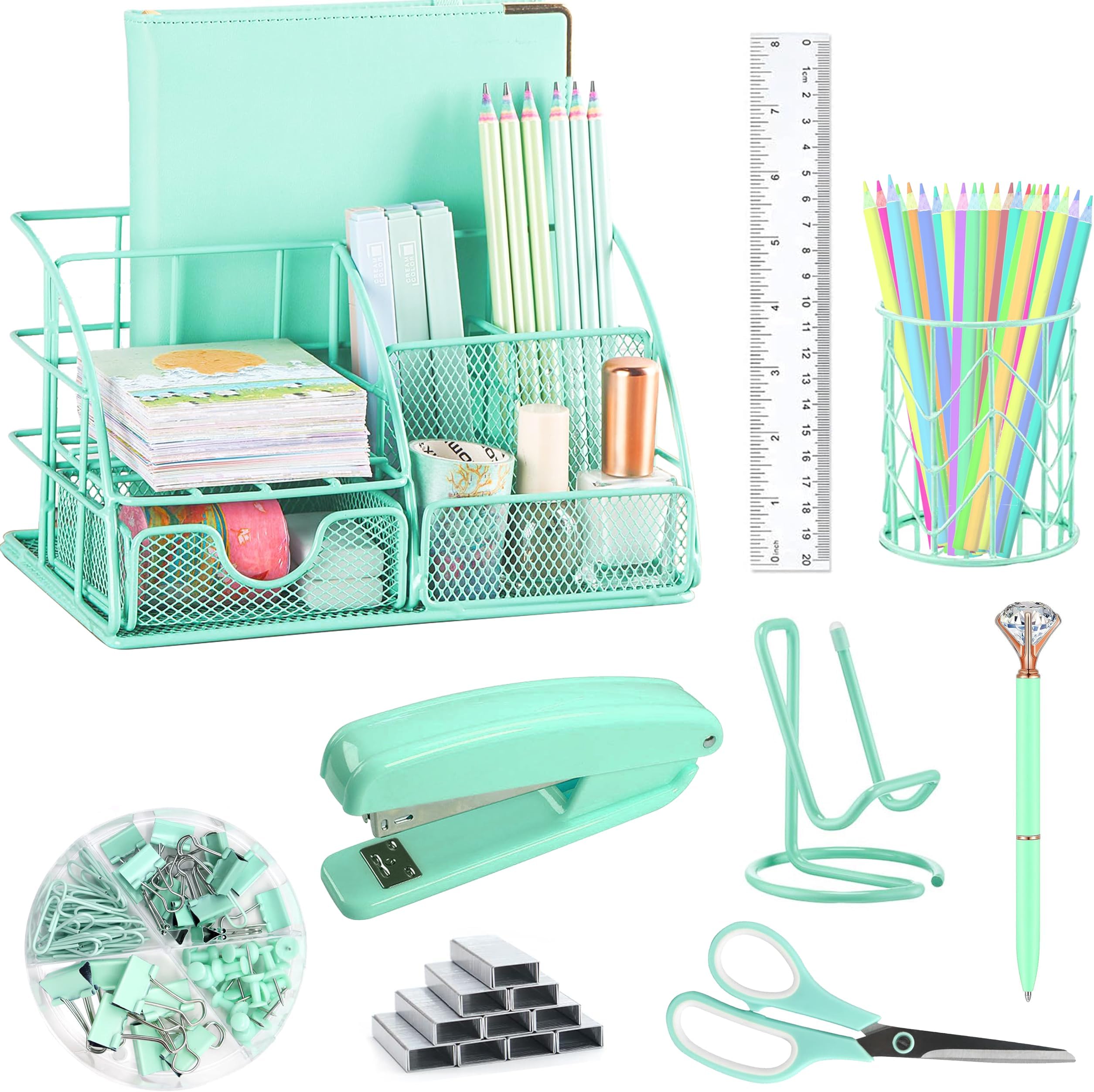 Green Desk Organizers and Accessories Office Supplies Set Stapler, Pen Holder, Phone Holder, Scissors, Pen, Ruler, 30 Paper Clips, 22 Binder Clip, 20 Tacks and 1000pcs Staples