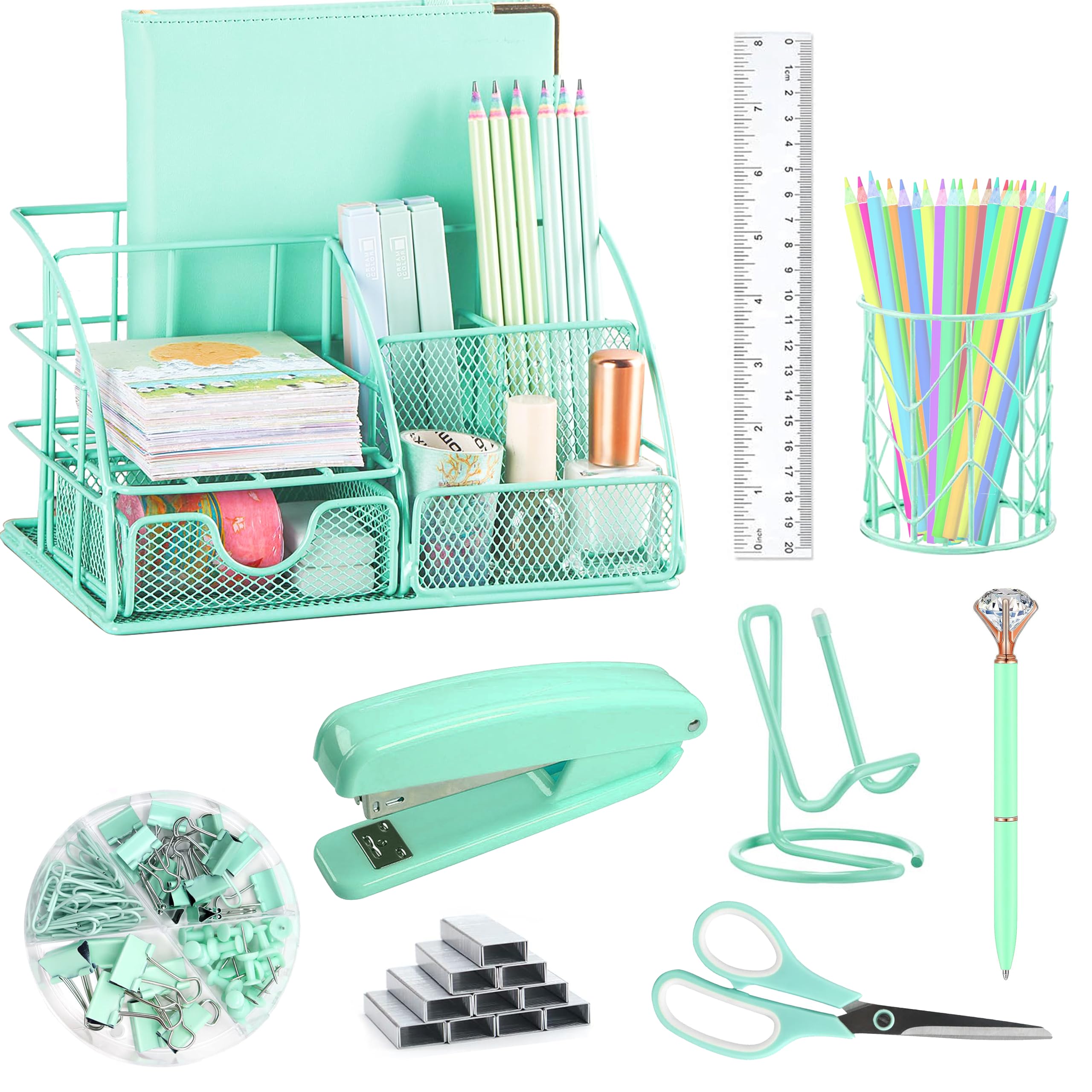 Green Desk Organizers and Accessories Office Supplies Set Stapler, Pen Holder, Phone Holder, Scissors, Pen, Ruler, 30 Paper Clips, 22 Binder Clip, 20 Tacks and 1000pcs Staples