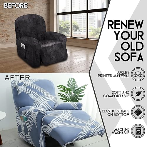Miniatura 5 de CRFATOP Funda estampada para sillón reclinable, 4 piezas con bolsillos, 1 asiento, funda de muebles para sillón reclinable, protector de muebles