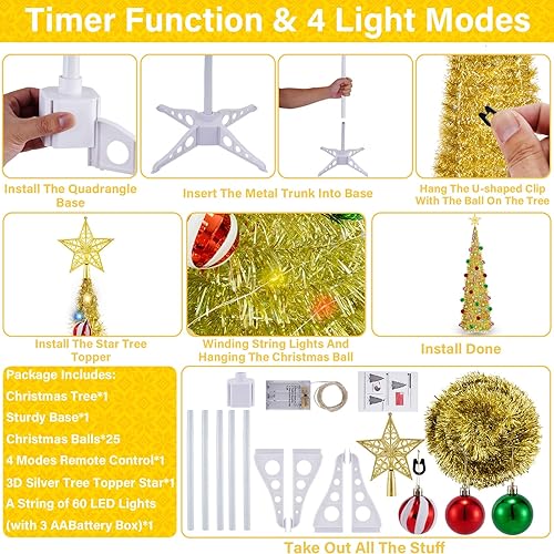 Miniatura 3 de 4 modos de iluminación y temporizador Árbol de Navidad desplegable de 5 pies con 25 adornos de bolas, árbol de Navidad de oropel con 60 luces de