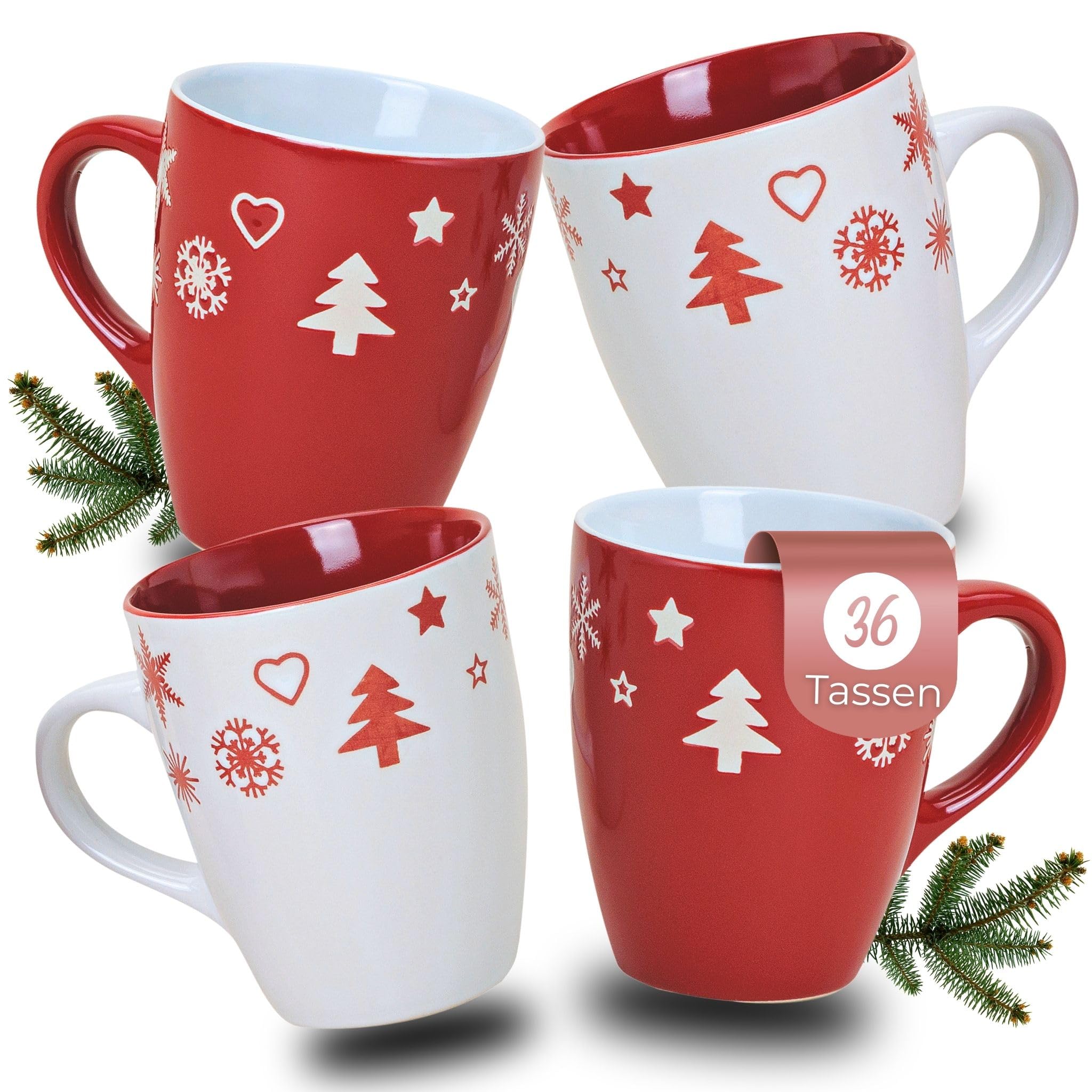 Schöne Weihnachtstassen im 36 Stk. Karton - Große 300 ml Weihnachtsmotiv Kaffee-Tassen in rot, weiß