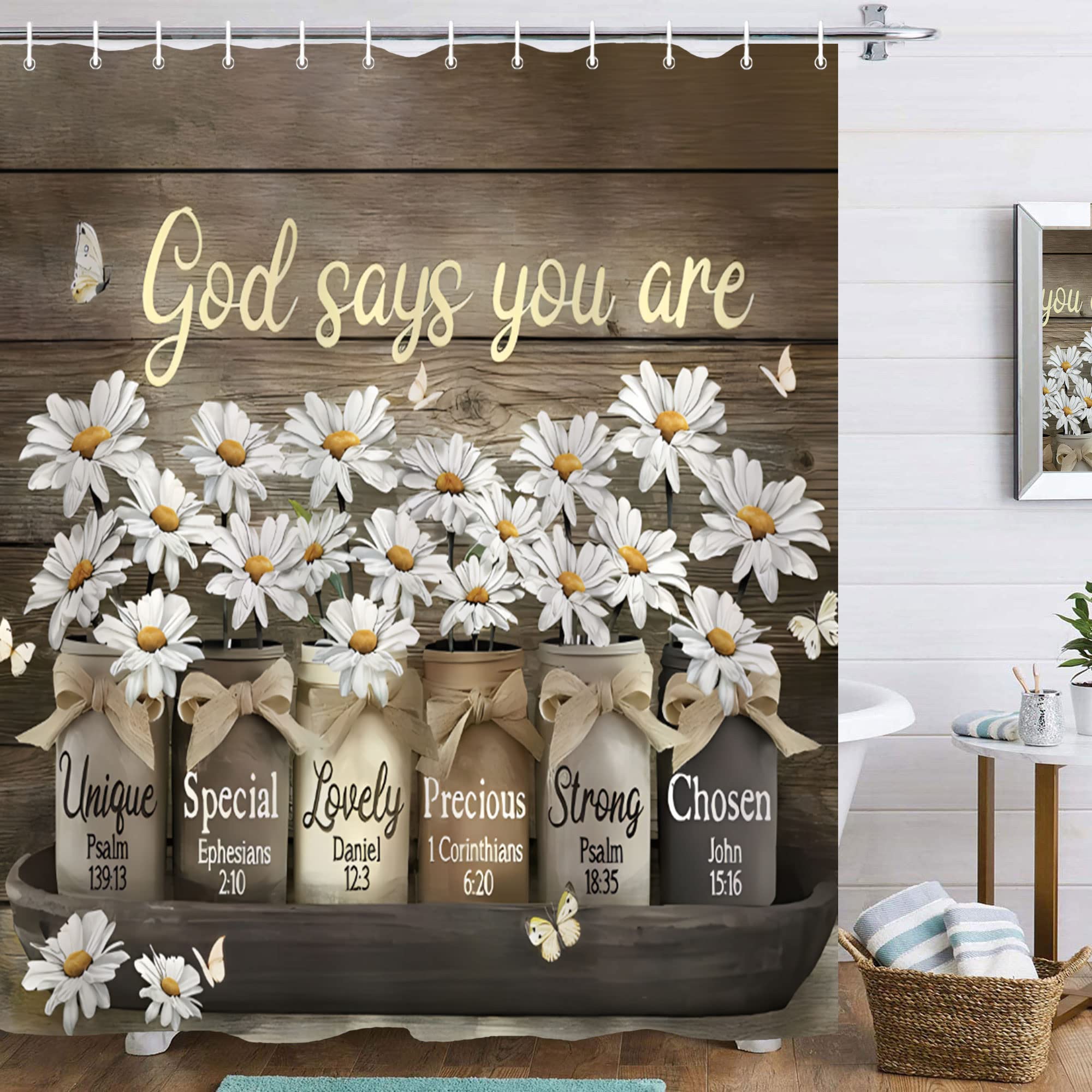 Famiffty Rustic Daisy Shower Curtain 72Wx72L Inch Brown Vintage Farmhouse Floral Barn Door Country Wood Bathroom Decor Waterproof Polyester Fabric 12 Plastic Hooks — image 1