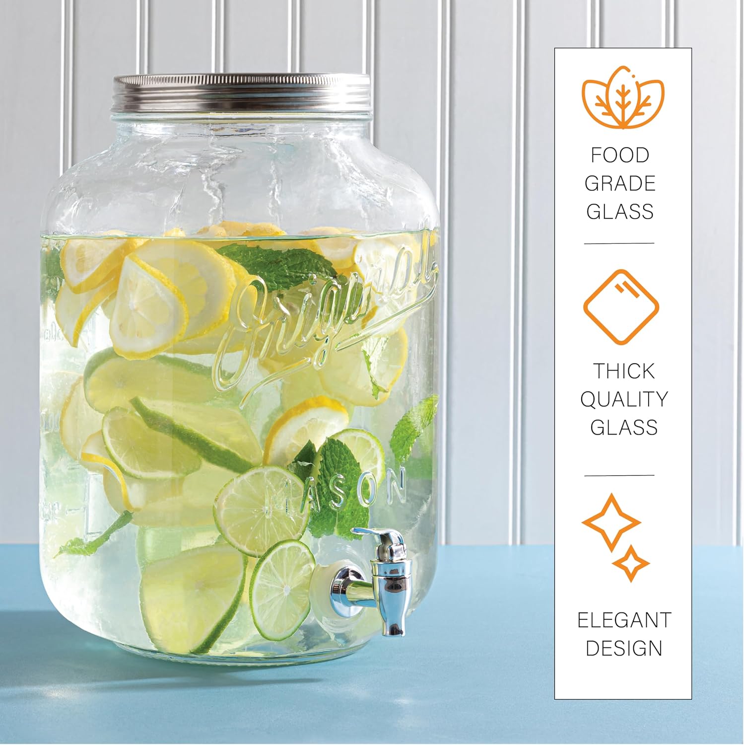 2 GALLON Glass Drink Dispensers for Parties, Original Mason Ice Beverage Dispensers, Glass Water Dispenser with Spigot, Laundry Detergent Dispenser, Lemonade Dispenser
